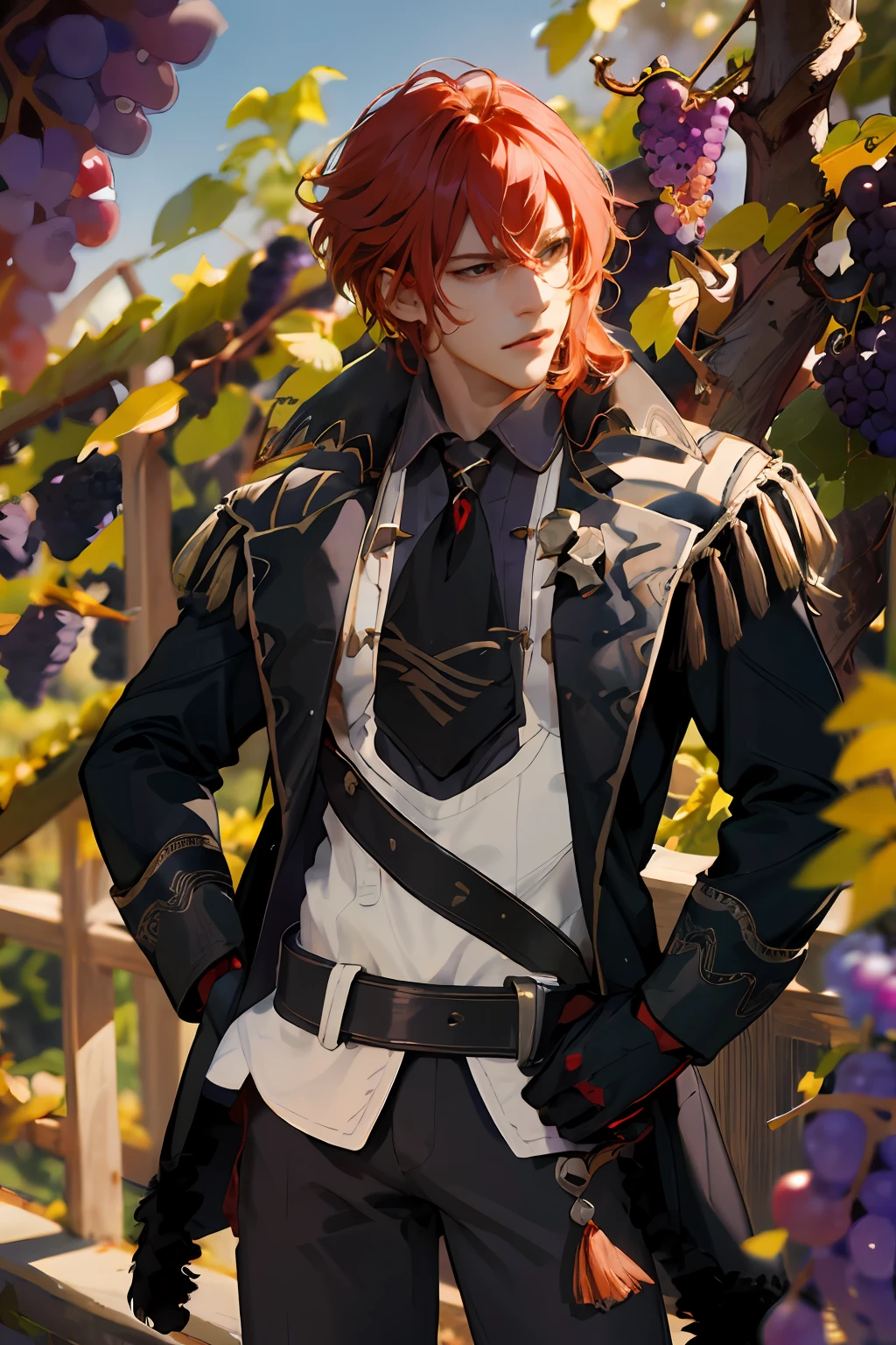 extremely delicate and beautiful, Amazing, finely detail, masterpiece, ultra-detailed, highres,best illustration, best shadow,intricate,sharp focus,  high quality, 1 male solo, mature, handsome, tall muscular guy, broad shoulders, red hair. diluc genshin impact, brown coat with fur on the bottom, dark gloves, black tie, light shirt, dark pants, (((grape vines))) grapes on background and foreground, grape berries, standing outside in a garden, sunny day, grape growing everywhere, red eyes