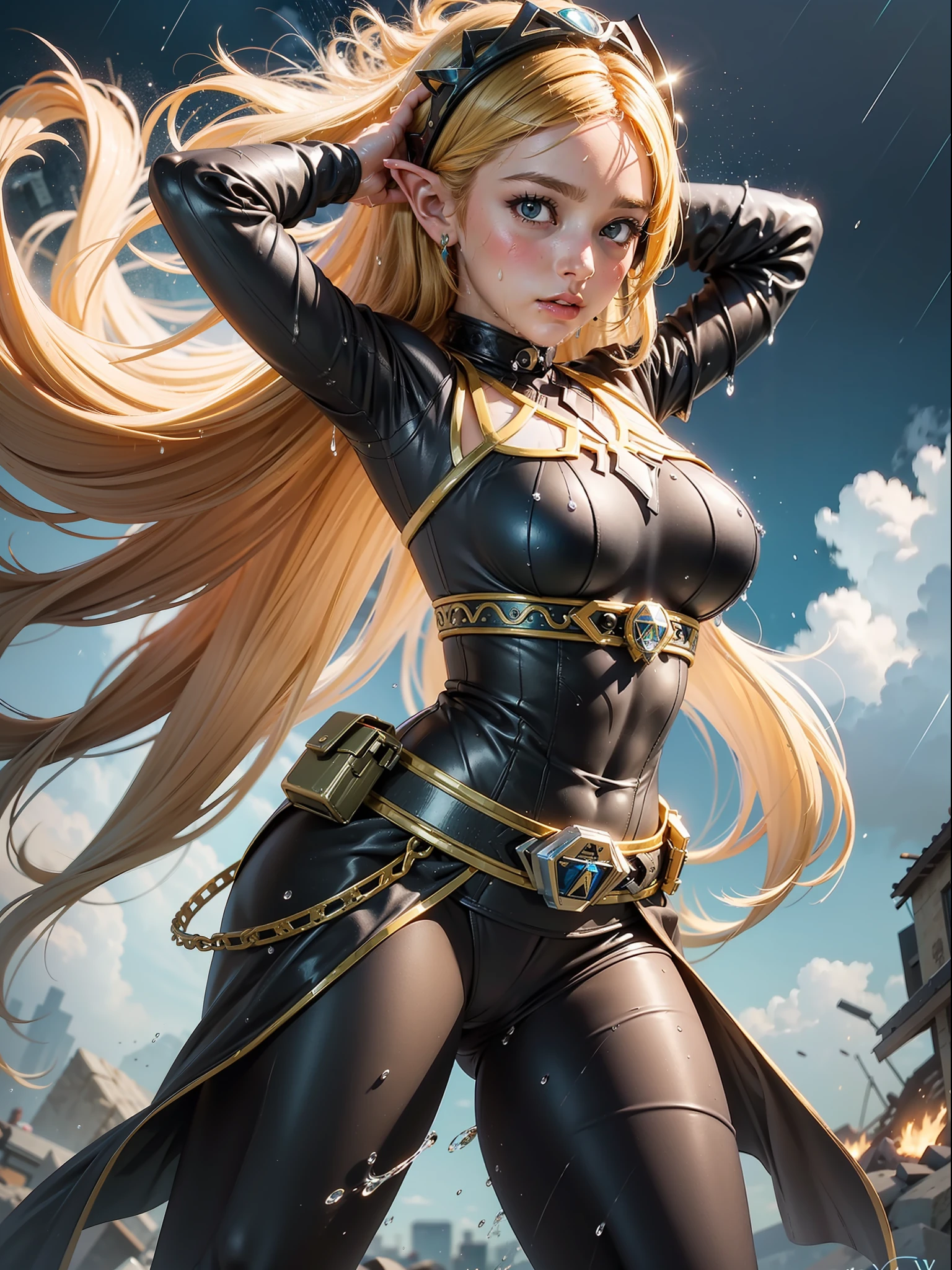 (full body:2) {zelda\(princess\)}, only {zelda\(princess\)} is this ((wearing black Kamen Rider costume with gold parts, with a round shiny jewel on her chest, with a belt, helmet on her head):1.5) ((extremely tight in the body, with a round jewel on the chest):1.5), only {zelda\(princess\)} ((has extremely large breasts):1.5), only {zelda\(princess\)} ((is looking at the viewer/look and face of hate, making heroic poses with her arms above her waist)), only {zelda\(princess\)} is standing, ((In an extremely destroyed futiristic city raining very strong, it's night, it's full of clouds)), only {zelda\(princess\)} ((she has her body/clothes all wet with water and her clothes are soaked):1.3), Kamen Rider, Tokusatsu, anime, anime style, cinematic lighting, 16k, highres, best quality, (high details:1.3), UHD, ((masterpiece))