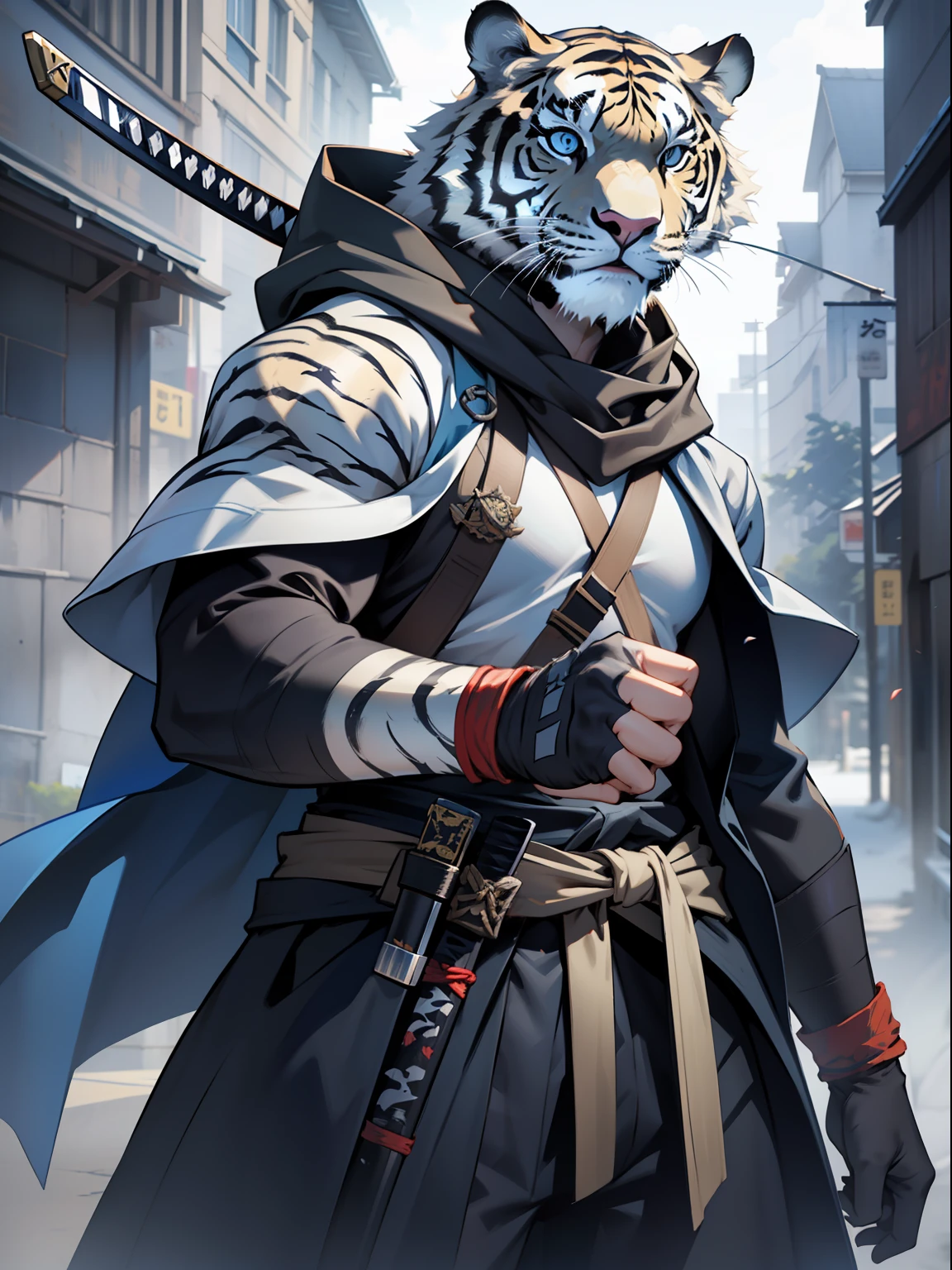 Blue and White TIger Samurai with tattered worn cloak standing in a fierce combat stance. unreal engine 5, hyper-realism, Nvidia Geforce 4090TI, katana