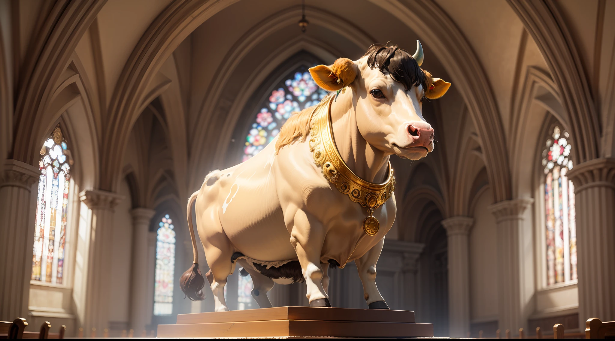 a golden-colored cow on top of the altar