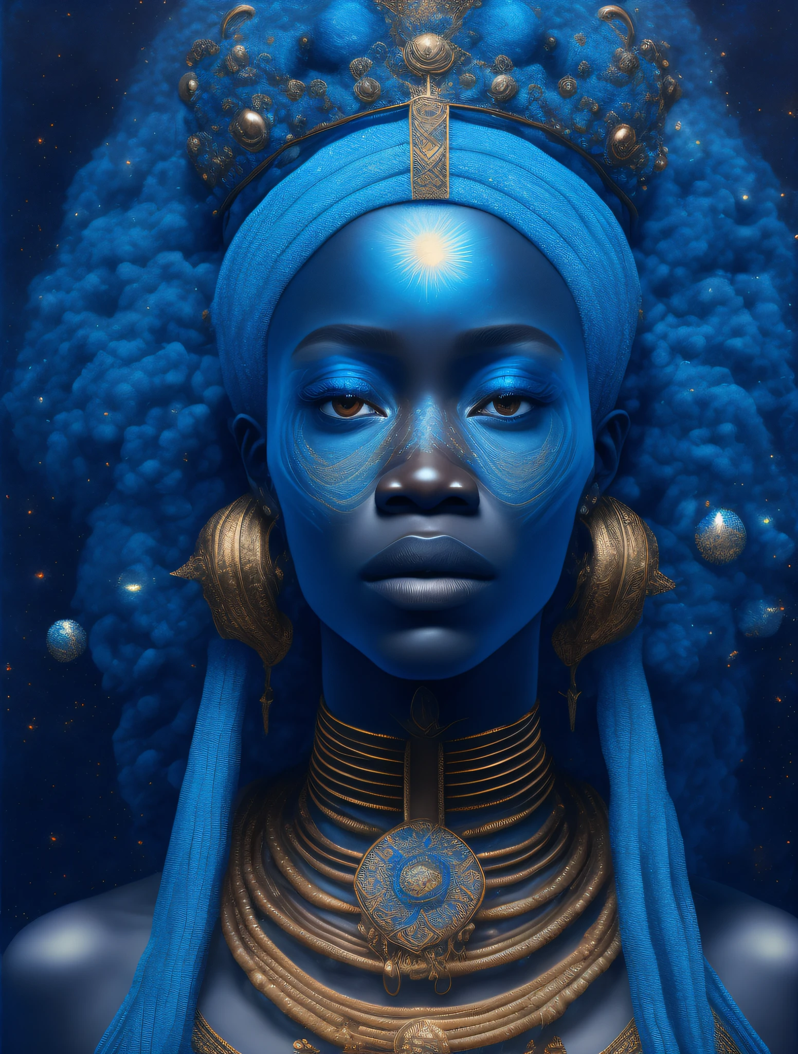 Yemanjá the African orisha wearing a detailed and intricate ade, queen of the seas, blue, cosmic god, astrophotography