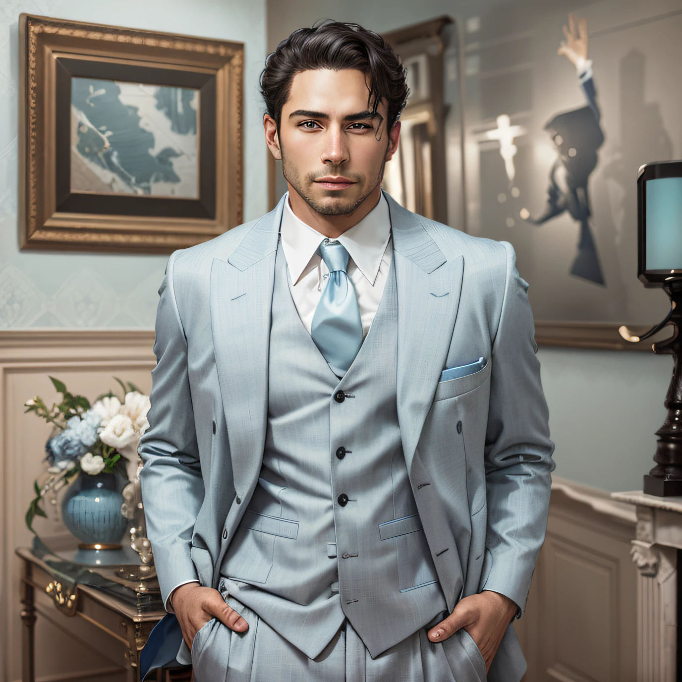 arafed man in a suit and tie standing in a living room, wearing a light blue suit, wearing suit vest, 3-piece-suit, three piece suit, wearing a stylish men's suit, formal attire, suit vest, wearing a vest and a tie, formal wear, suit and waistcoat, handsome and elegant, wearing fashion suit, pale blue outfit