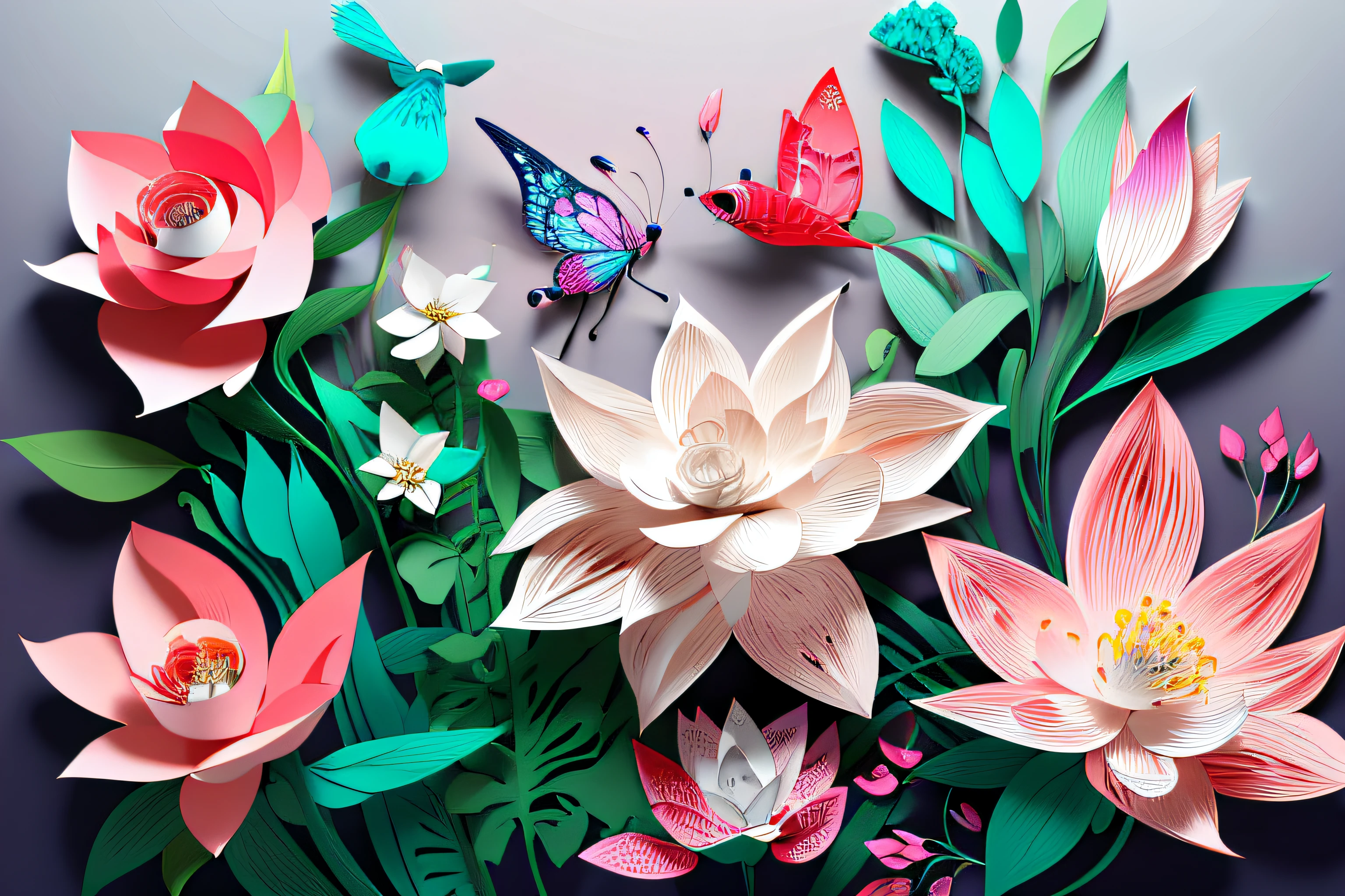 realistic, (best quality, masterpiece: 1.3), illustration, large butterfly in center, floating in gardenias, cloudy sky, paper_cut, pattern, background of pink colors