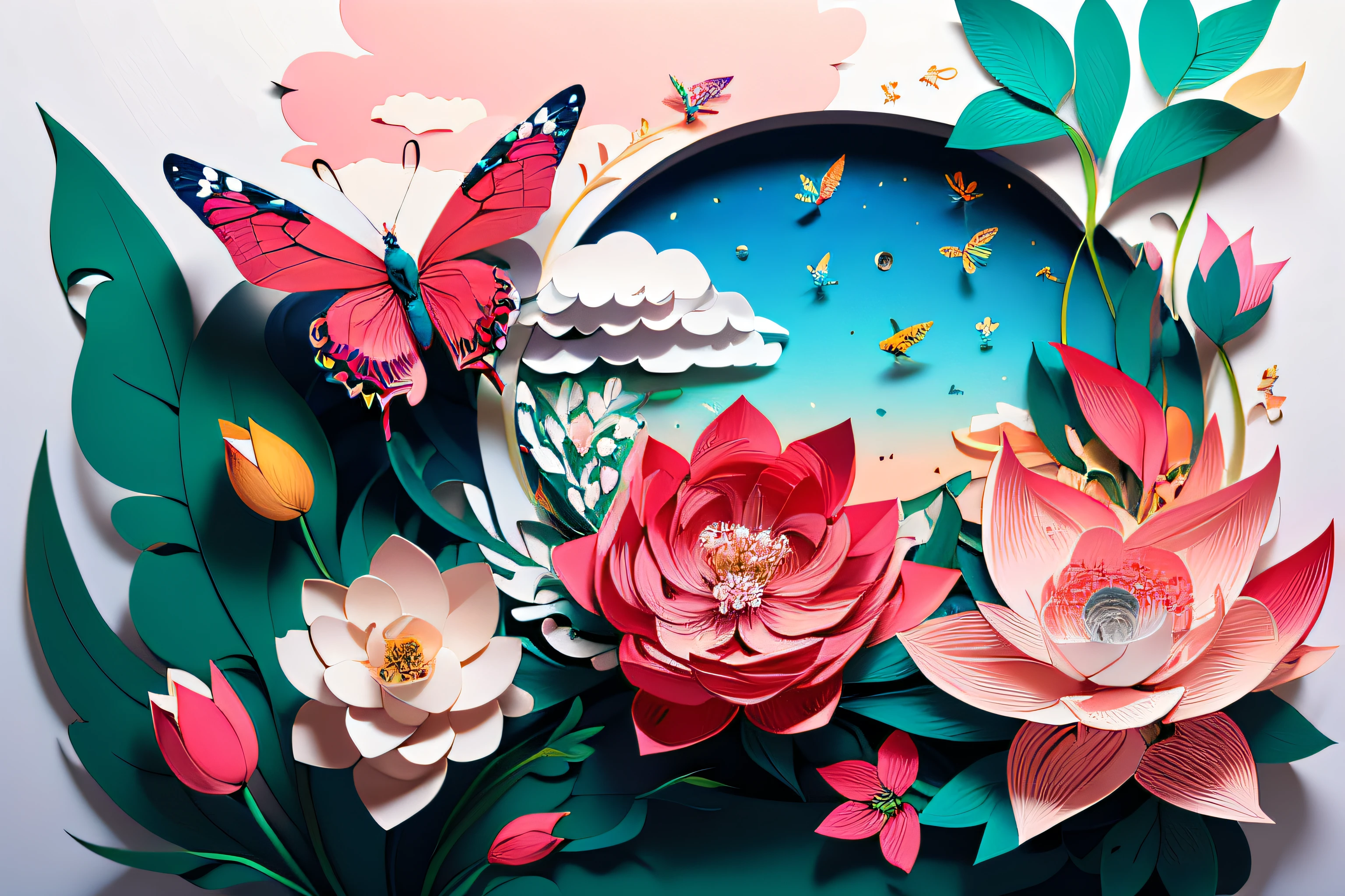 realistic, (best quality, masterpiece: 1.3), illustration, large butterfly in center, floating in gardenias, cloudy sky, paper_cut, pattern, background of pink colors