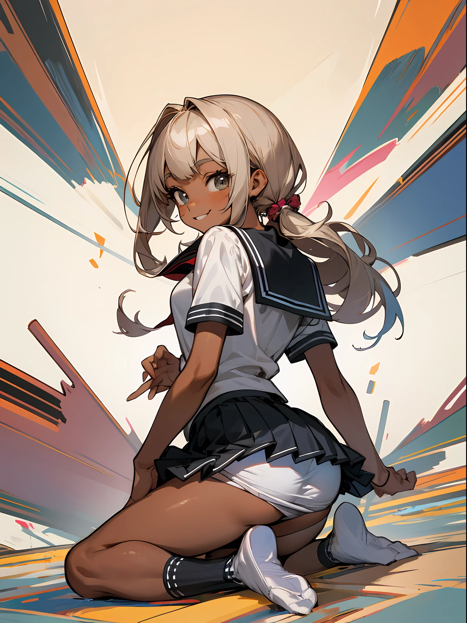 master-piece, hyper quality, hyper detailed,perfect drawing,Solo, kogal, black gal, high school student, school uniform, miniskirt: (0.7), backwards, buttocks sticking out, kneeling, turning around, powpose, (panty fully visible)), tanned skin: (1.2), cute smile, tan marks: (1.5), ( Buggy socks))), beautiful background, meticulous drawing, accurate drawing.