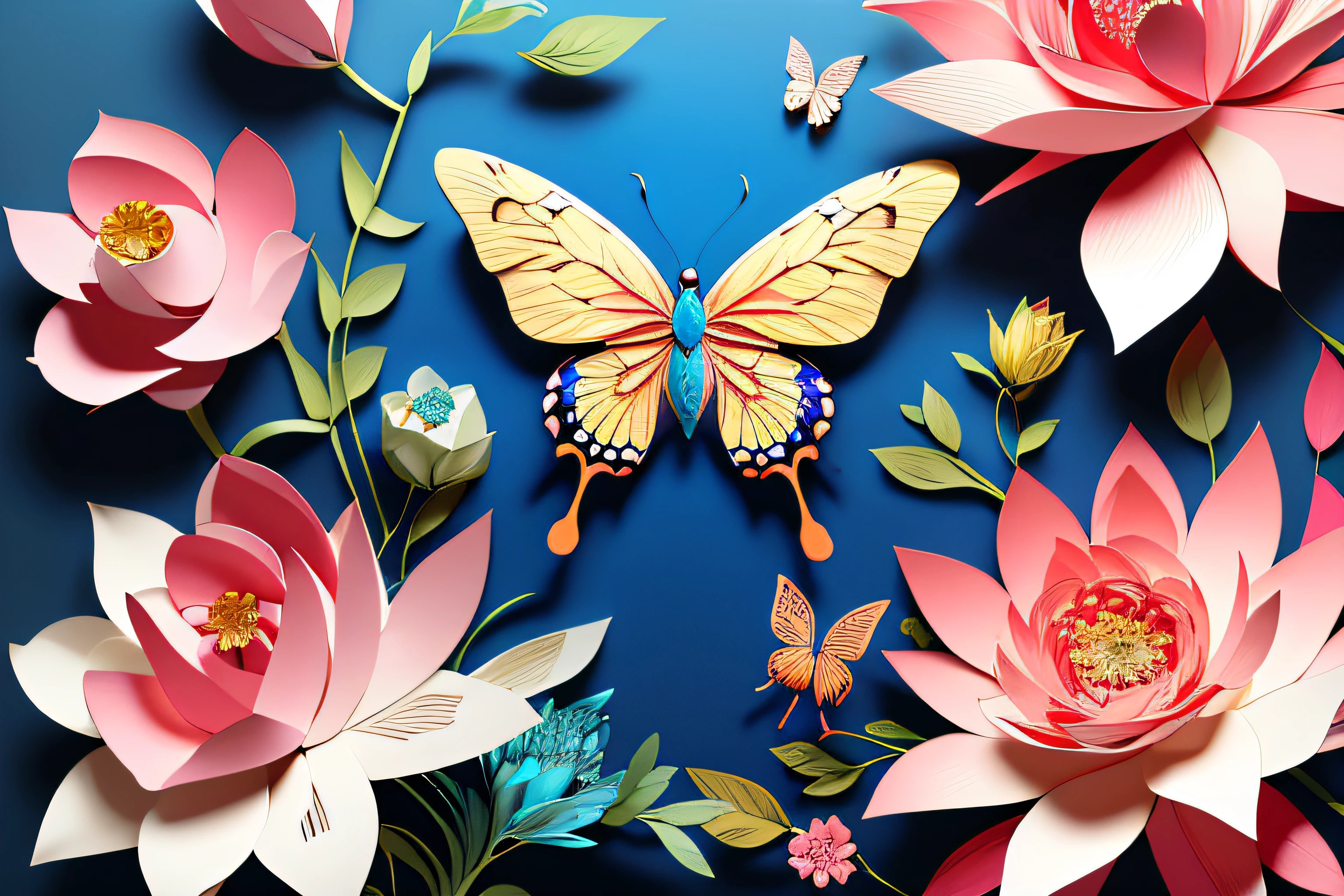 realistic, (best quality, masterpiece: 1.3), illustration, large butterfly in center, floating in gardenias, cloudy sky, paper_cut, pattern, background of pink colors