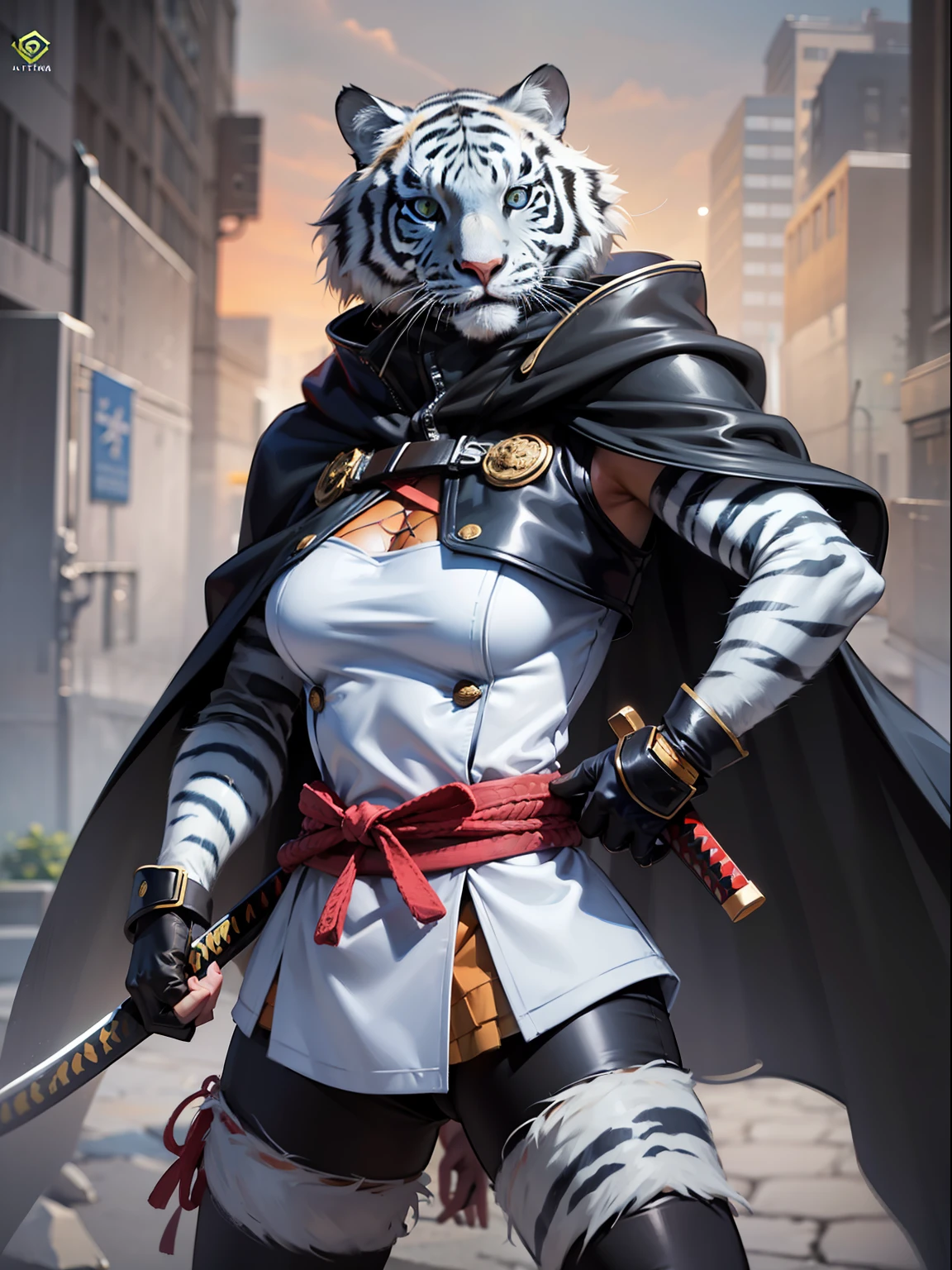 Blue and White TIger Samurai with tattered worn cloak standing in a fierce combat stance. unreal engine 5, hyper-realism, Nvidia Geforce 4090TI, katana