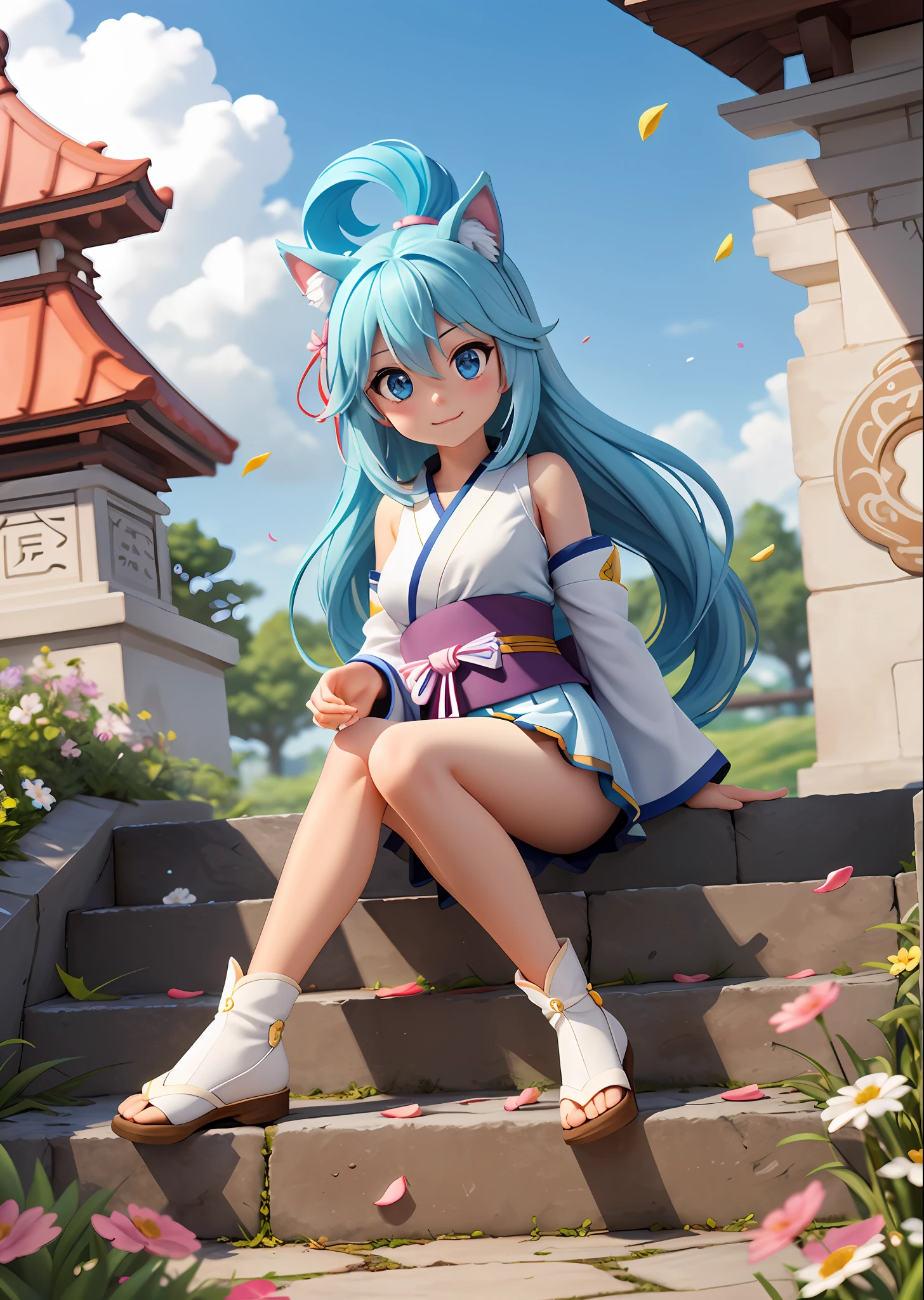 menina_aqua_konosuba dog, long hair, blue hair, dog ears blue eyes, detached long sleeves, white kimono, pleated miniskirt, dog's tail diffuse sunlight, depth of field, light particles, crossed legs, strong wind, blue sky, shrine, stone stairs, falling flower petals, facial focus