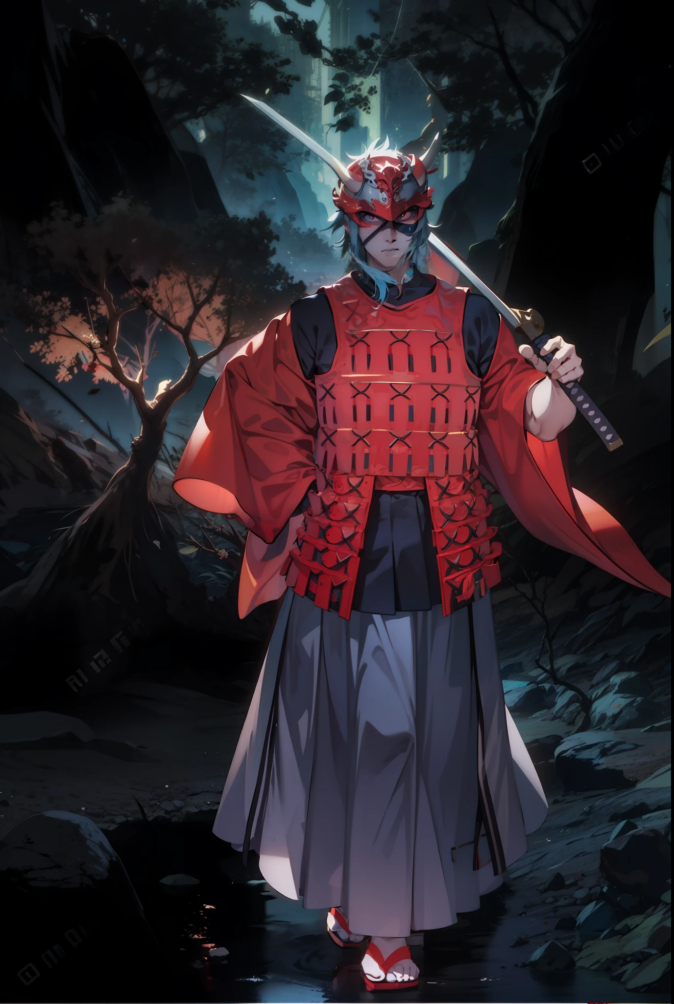 Chinese dragon helmet, blue horns shaped branch,Samurai,4k,red gloves