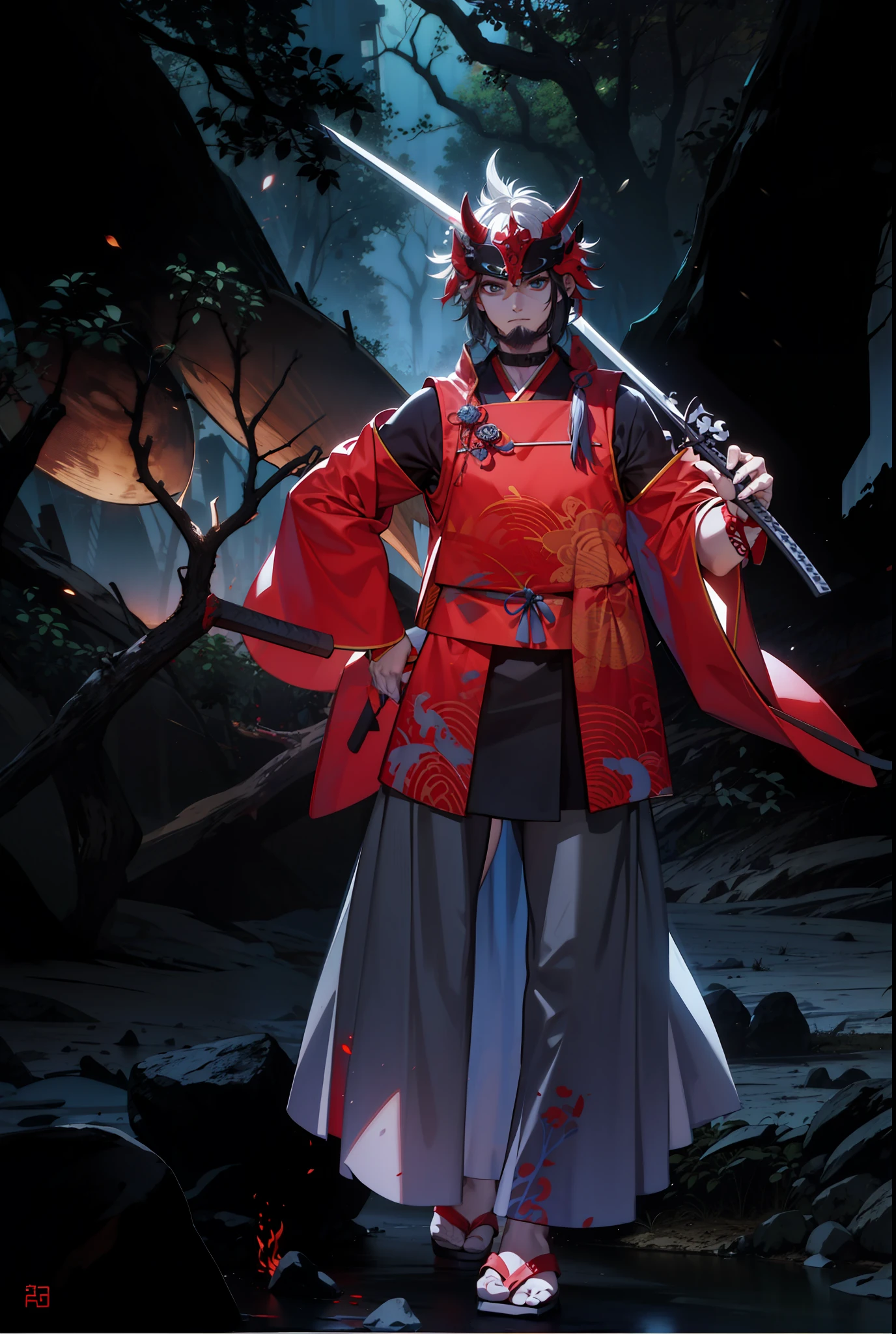 Chinese dragon helmet, blue horns shaped branch,Samurai,4k,red gloves