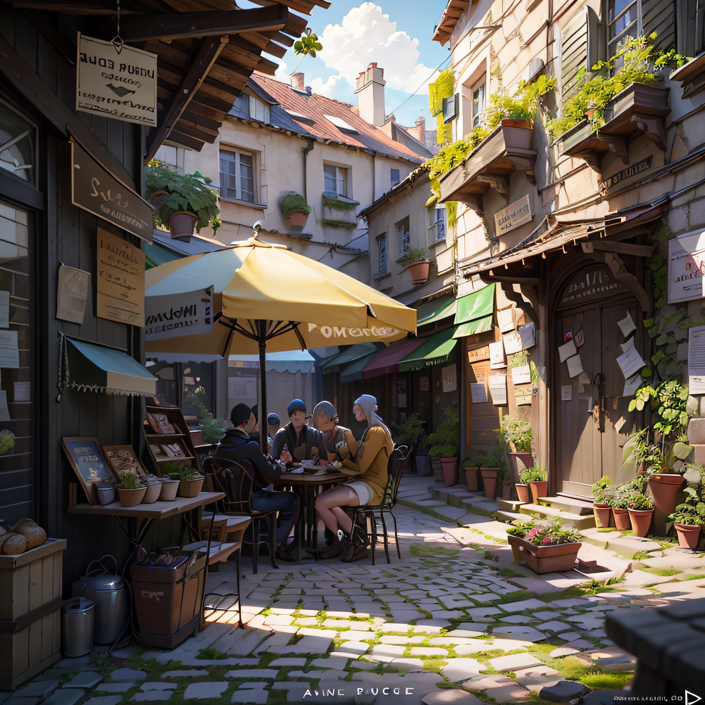 Marché aux Puces de Saint-Ouen, there is a patio , by senior environment artist, relaxing concept art, inspired by senior environment artist, beautiful 3 d concept art, environment art, 3 d stylize scene, cozy cafe background, anime scenery concept art, akihiko yoshida. unreal engine, anime background art, realistic 3 d style, highly detailed scene