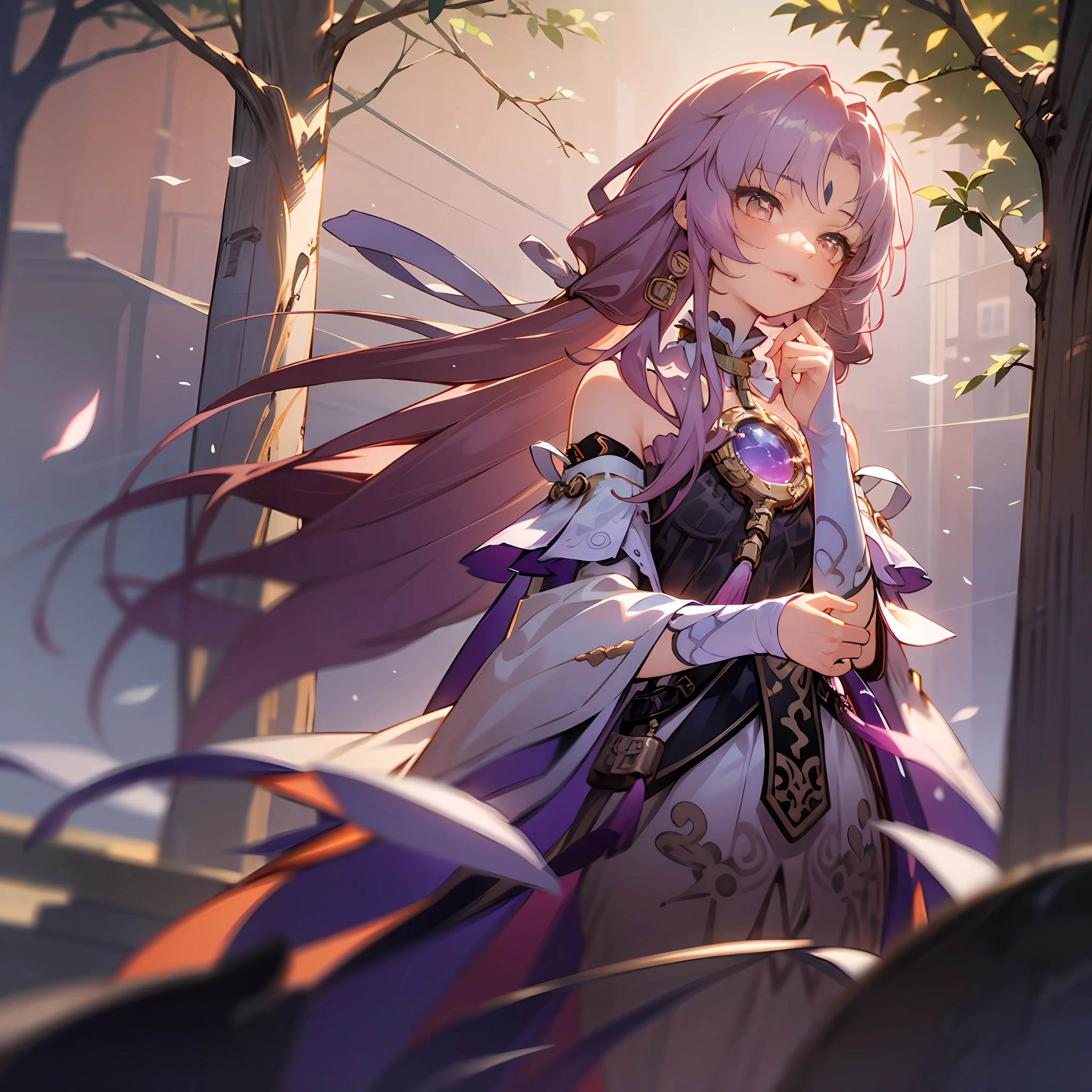 A girl standing on a flower field looking up,, delicate background, distant mountains, trees BREAK production art, (warm light source: 1.2), intricate details, volumetric lighting BREAK (masterpiece: 1.2), (best quality), 4k, super detailed, rich in detail, (luminous, atmospheric lighting), (solo: 1.2), especially many details, delicate hair, messy hair, smile, sunset, hanfu, short skirt,