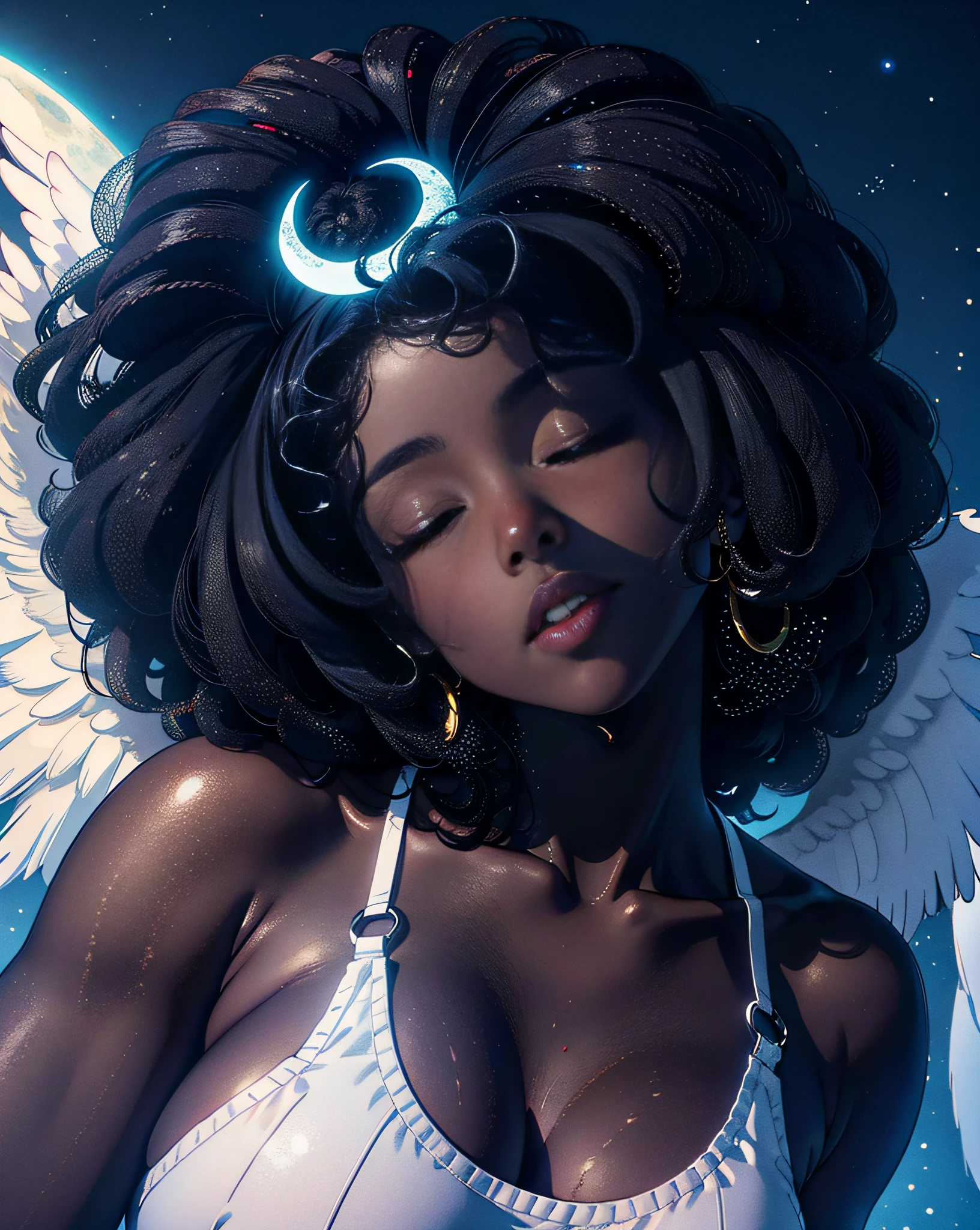 closed eyes, there is a woman with an angel wings on her head, dark skin female goddess of love, moon goddess, afro futuristic, portrait of a dark goddess, afrocentric mysticism, lunar goddess, dark-skinned, dark skin, photo of a black woman, black woman, afrofuturistic, portrait of a norse moon goddess, dark black skin, dark skinned