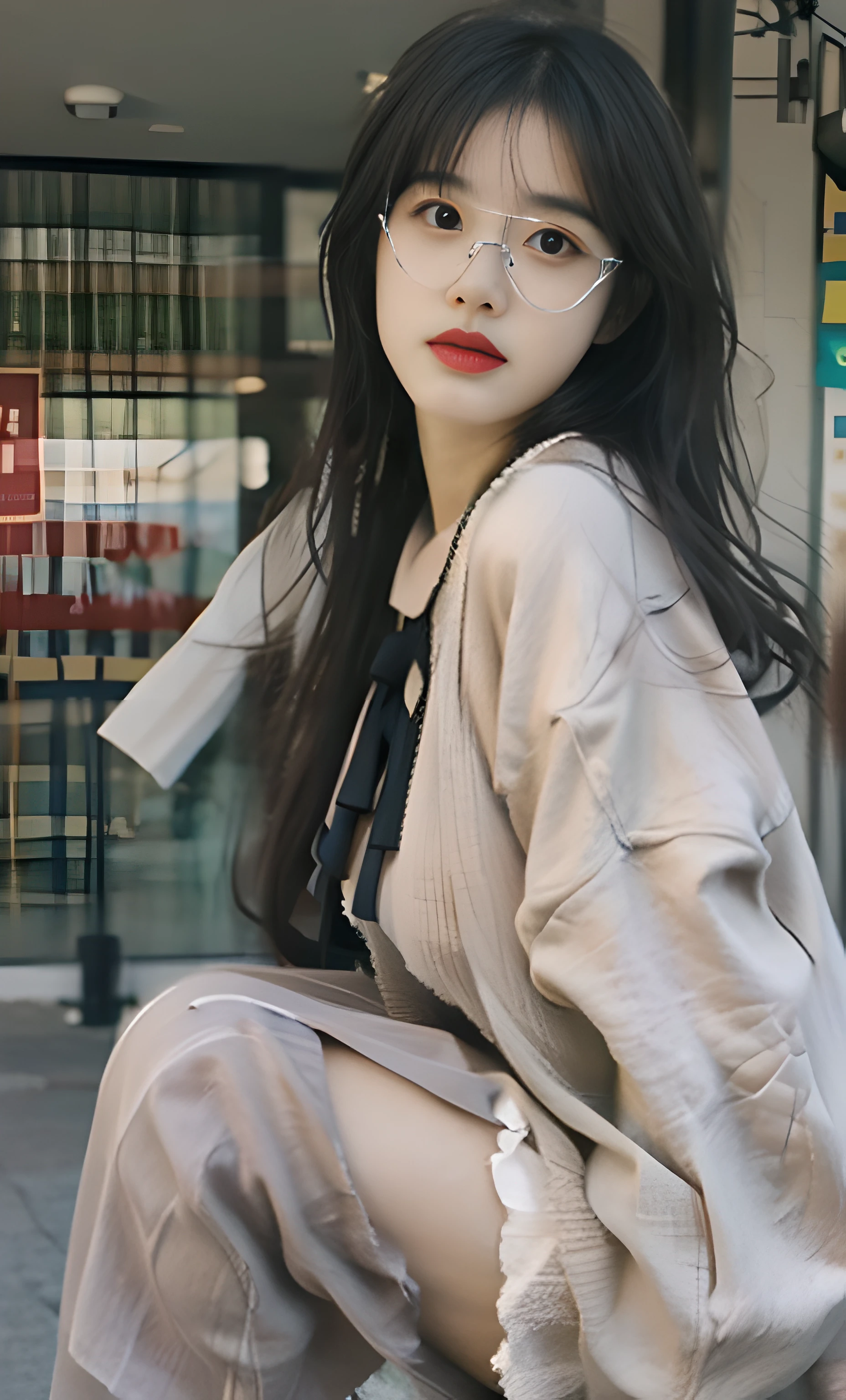 ulzzang-6500-v1.1, (raw photo:1.2), (photorealistic:1.4), beautiful detailed girl, very detailed eyes and face, beautiful detailed eyes, ridiculous, incredibly ridiculous, huge file size, super detailed, high resolution, very detailed, best quality, masterpiece, ((fashion clothing with diverse colors)), illustration, very detailed, CG, unified, 8k wallpaper, amazing, fine detail, masterpiece ,best quality, very detailed CG uniform 8k wallpaper, light on face, movie lighting, 1girl, , long white hair, side splits, (big breasts), (no panties)), (glasses), ((dynamic pose))), ((sexy pose))), (camel toe), (half), (pantyhose)), ((black hip skirt))