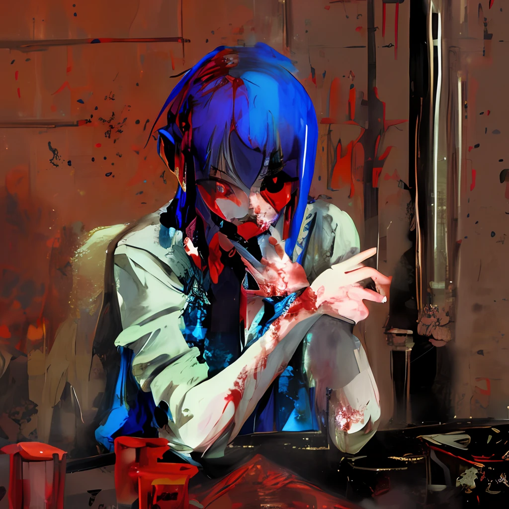 Blue hair girl, bloody, cursed, horror art, dark, insane