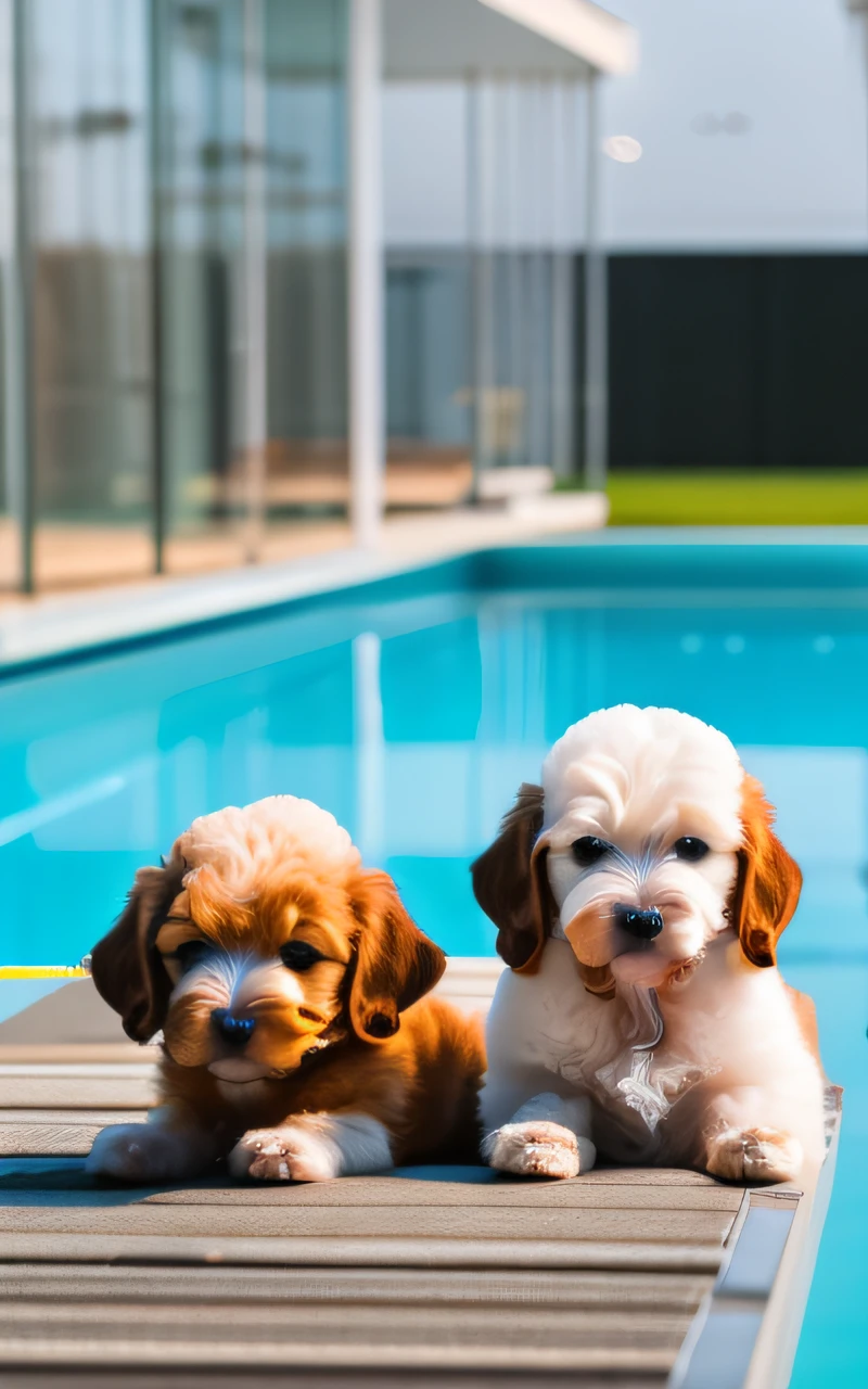 hyper Quality,Cute two Poodle puppies,different body colors,swimming in the pool,barking,narrow eyes,smile,eos r3 28mm