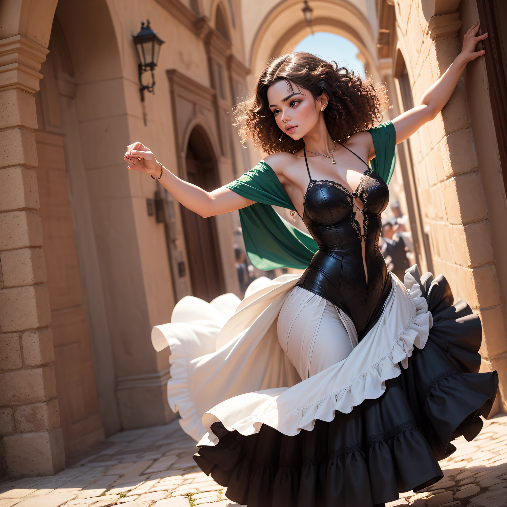 An elegant dancer performs passionate tango steps in a picturesque setting in Spain. Dressed in traditional Spanish clothing, her flamenco dress flutters as she moves gracefully. Her curly hair, radiant green eyes and smooth, flawless skin add a touch of beauty and charm to the image.