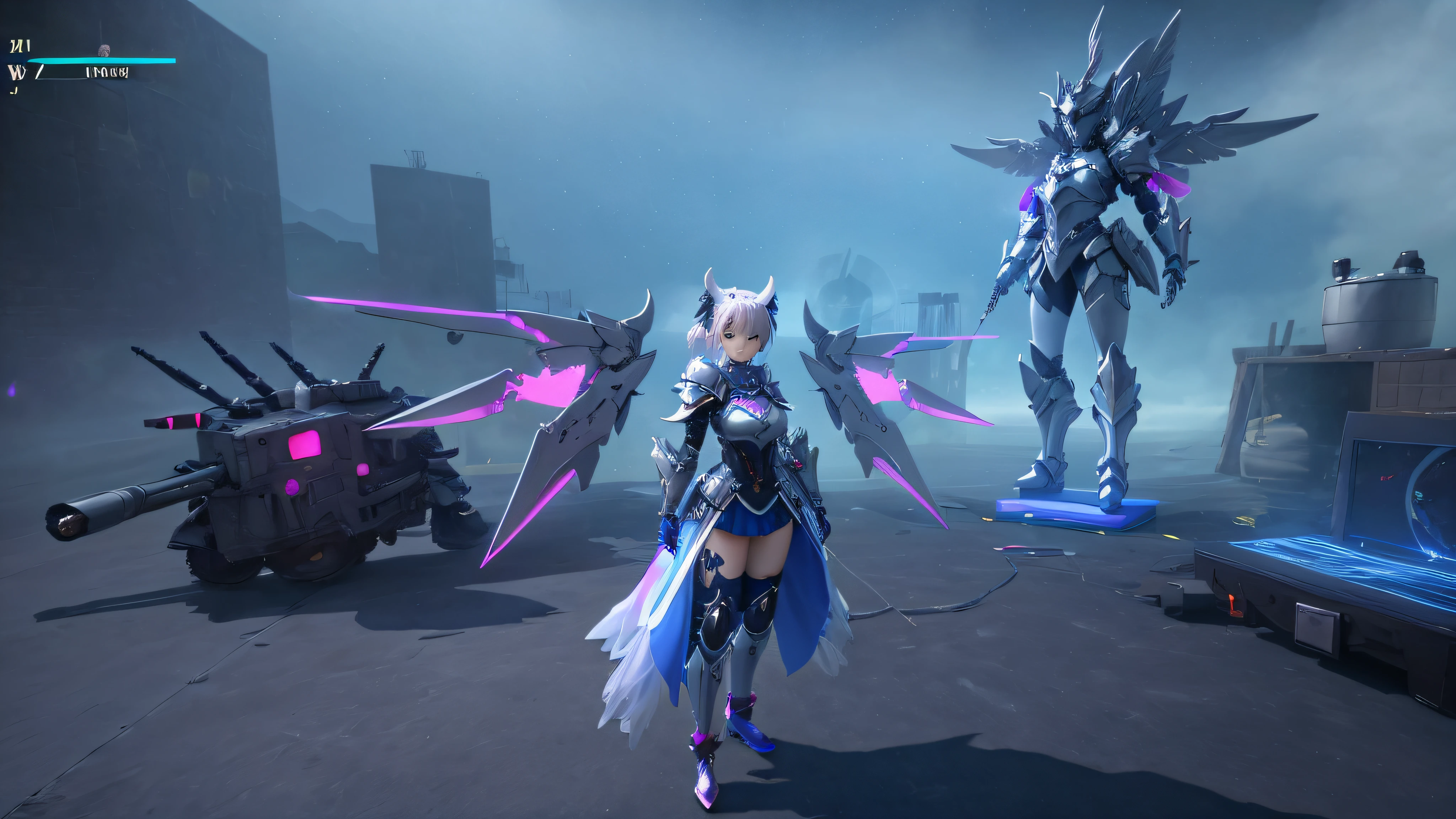 (Masterpiece) 3D It is a demon goddess standing in a room, sharp silver armor fuchsia skin from the video game Azur Lane, fuchsia skin under armor dressed in ethereal battle armor, sacred cyborg necromancer girl, mechanized Valkyrie girl, < MMORPGS scene, Ayaka Genshin Impact, PC screenshot, fuchsia skin under armor