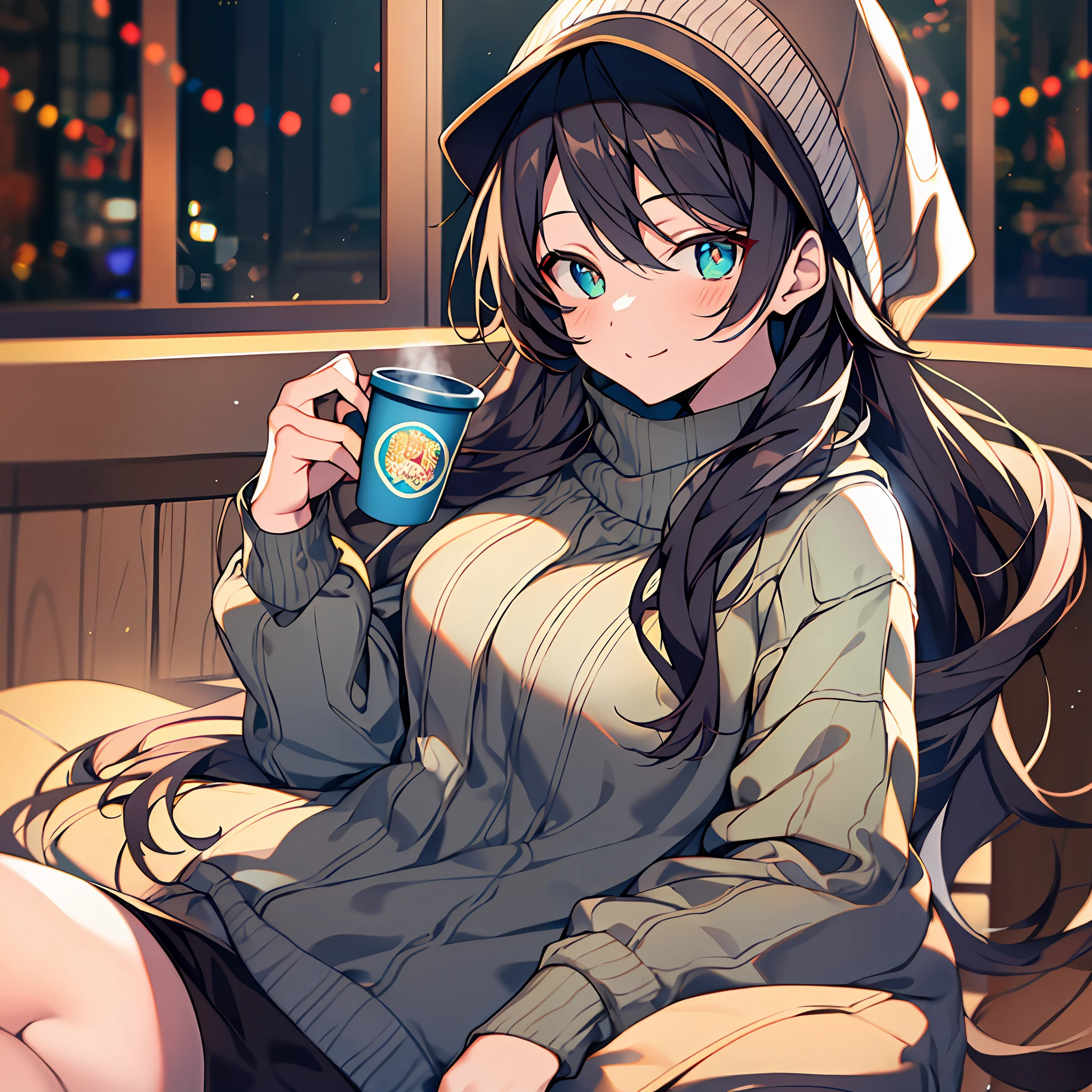 A beautiful girl sitting in a comfortable chair. Wearing a soft white sweatshirt, she reclined lazily in a chair with her long hair draped behind her back. She wears a fisherman's hat with a cute pattern, her expression is relaxed and cheerful, and her eyes reveal a sweet smile. She was still holding a hot drink in her hand, blowing softly, and seemed to be enjoying a leisurely time. The background is a warm interior environment with soft lighting and some decorations to create a cordial and comfortable atmosphere.