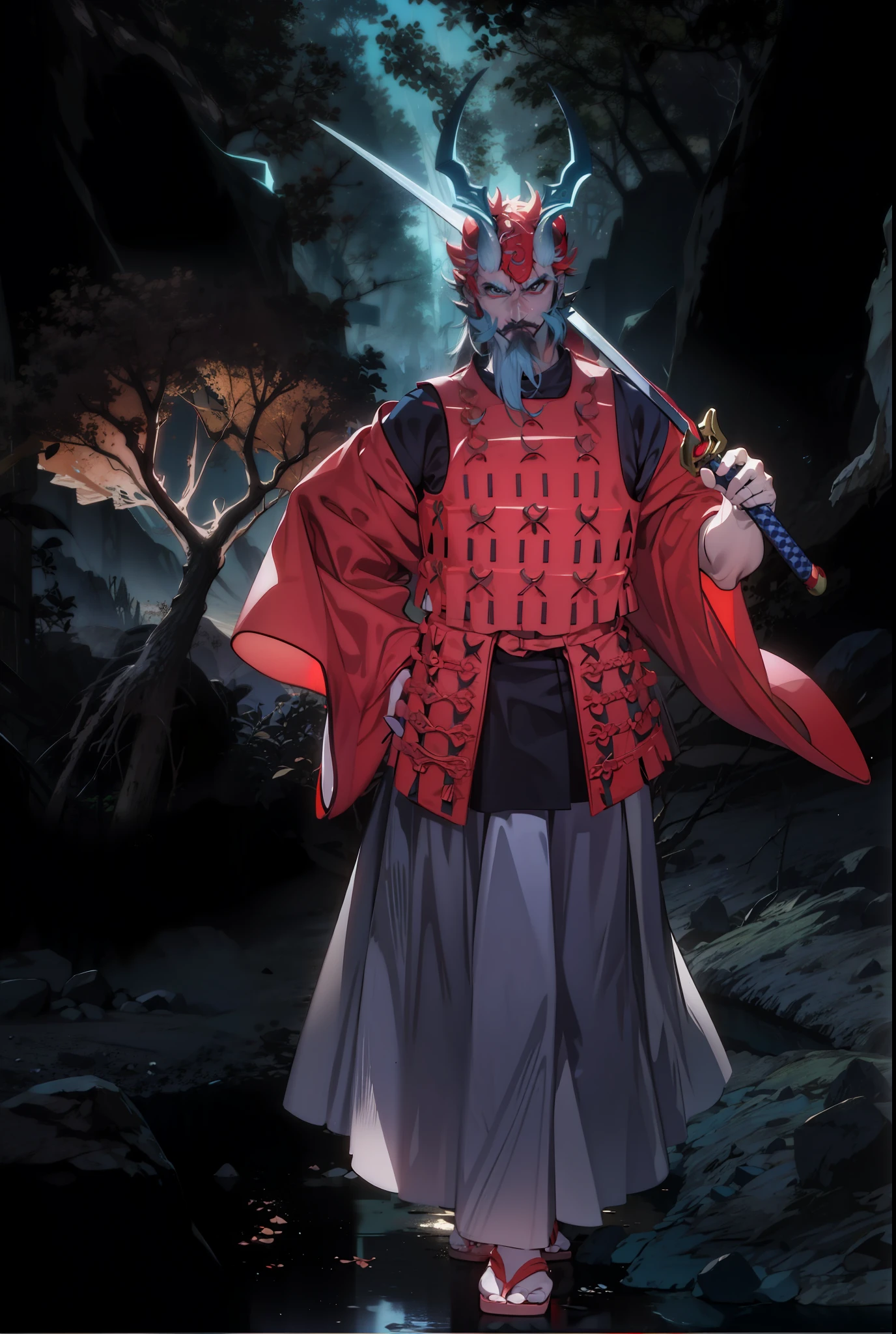 Chinese dragon head, blue horns shaped branch,Samurai,4k,red gloves