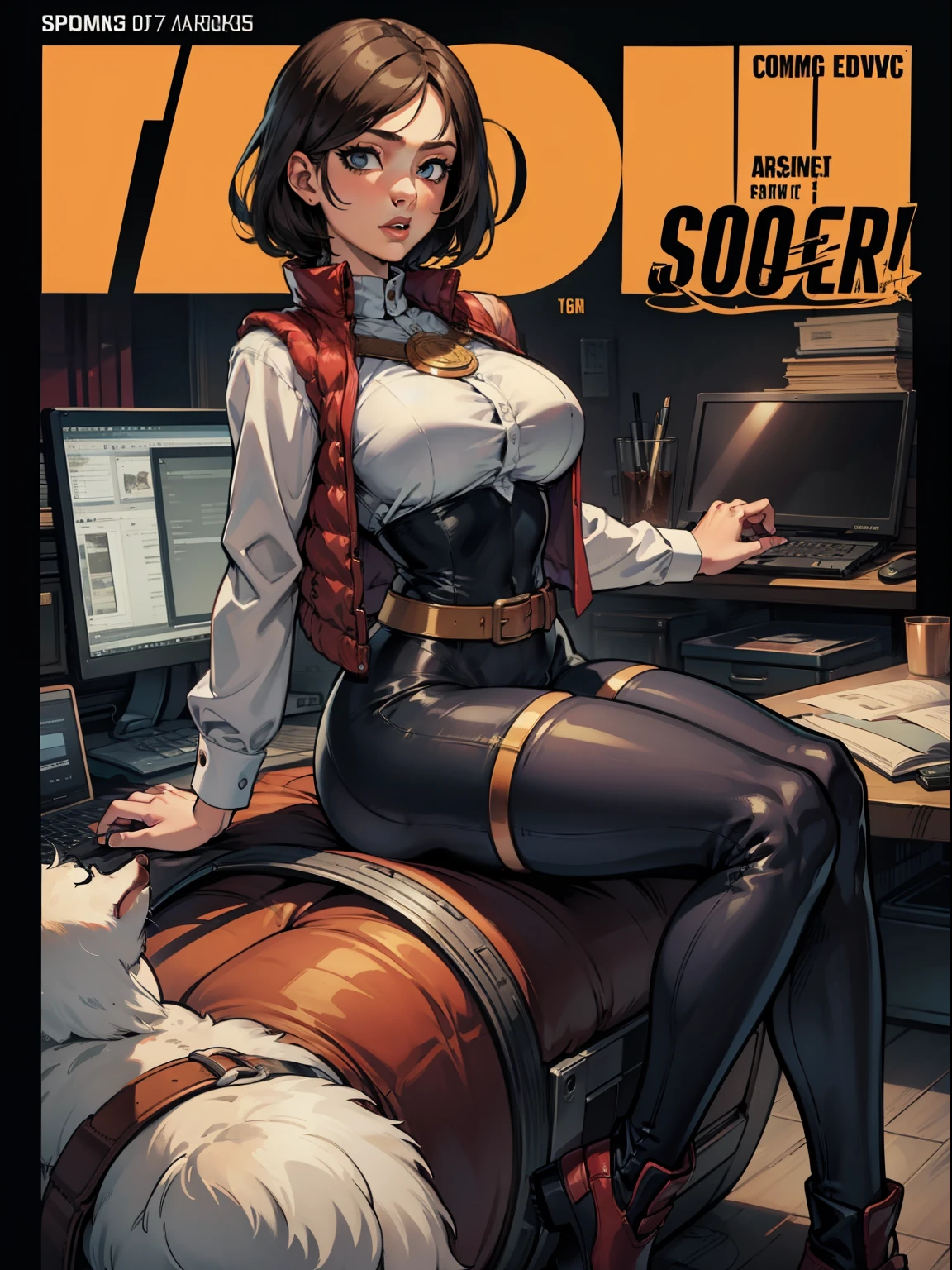 rule34sfmgirl,best quality,(masterpiece:1.2),soothing tones, comic cover,1 female, mature female, larger breasts,
puffer vest, long-sleeve shirt, leggings, riding boots