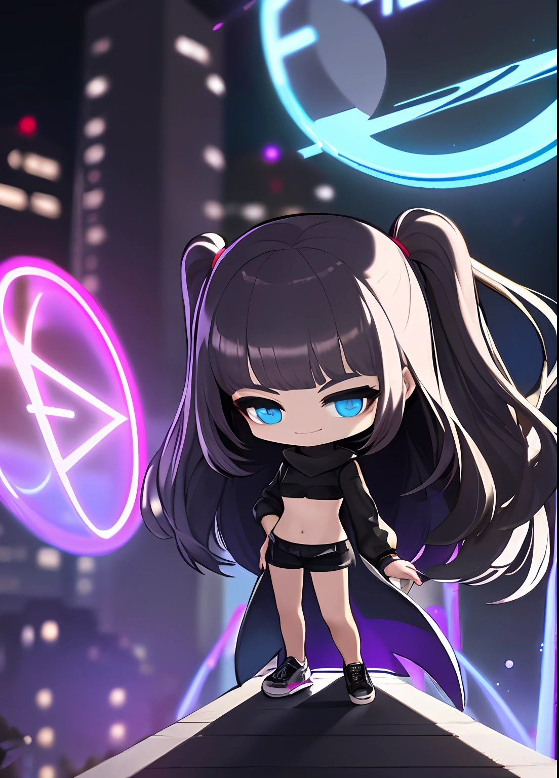 chibi,8k, 4k,nsfw,1girl, dark purple hair, two sideup long hair, bangs, blue eyes, black short pants, purple neon effect, front hair, loose clothes, upper black bra with white long sleeve crop shirts[white and black:1.1], cyberpunk, full body, hero pose, colorful lighting city background, sci-fi, chibi, black sneakers, windy, navel, pink glowing light magic effect around left hand, little smiling, tricky badass stylized, side standing on balustrade