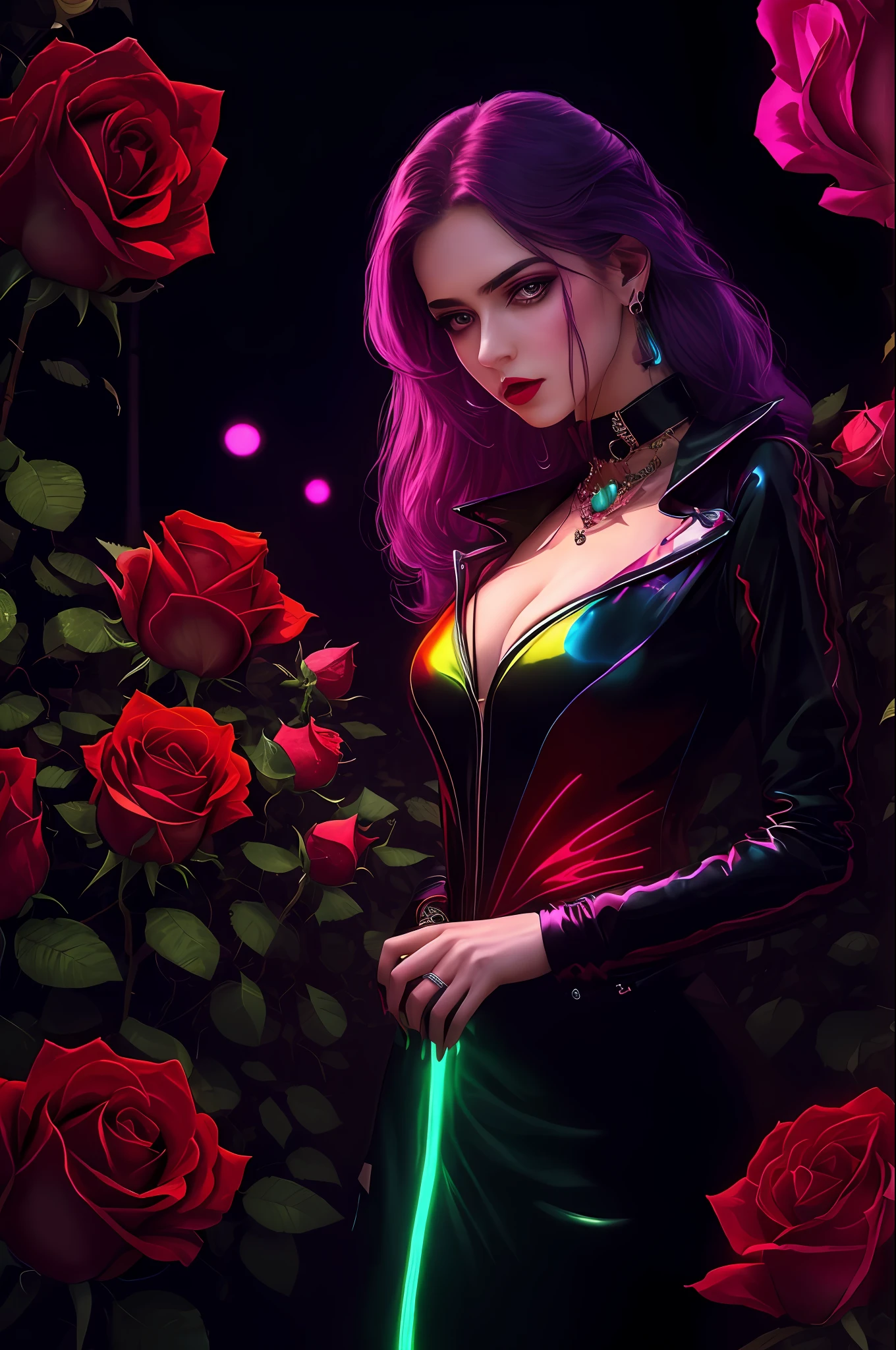 purple & red colours, various stunning woman, roses, magnificent jewellery(masterpiece, top quality, best quality, official art, beautiful and aesthetic:1.2),neon lighting, (vibrant glow:1.2), dynamic colors, striking contrast, futuristic vibe, electric energy,reflective surfaces
