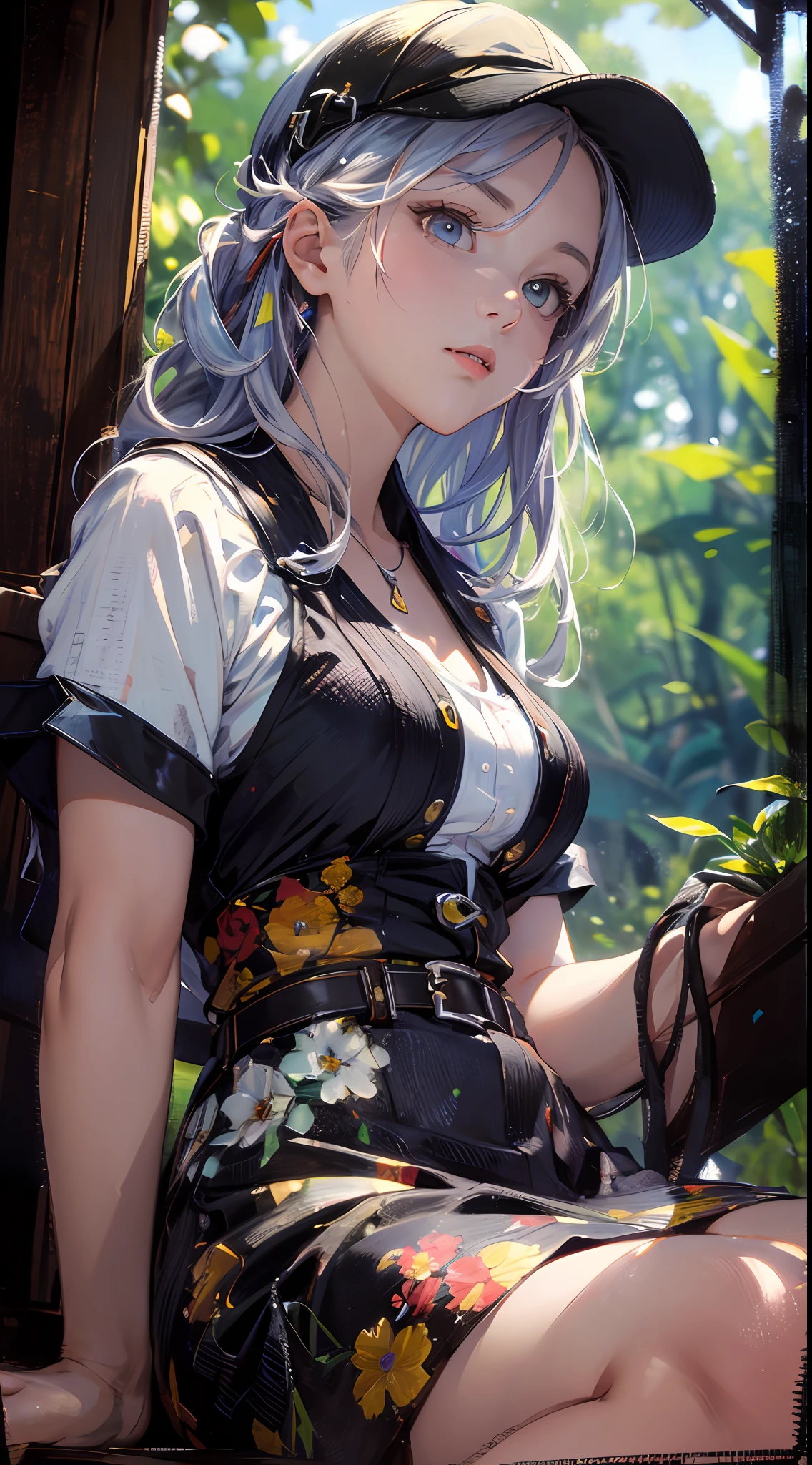girl, sitting, side shot, (sky:1.3), (masterpiece, best quality, perspective, depth of field:1.5), flowers, rocky mountain, woods, beautiful face, thighs, from below, 8k, raw photo, absurdres, impressionism, (Tom Thomson, Claude Monet, Joaquín Sorolla, James Wilson Morrice, John Fabian Carlson, Hugh Henry Breckenridge:0.8), HDR, photorealistic, film grain, chromatic aberration, highres, ultra detailed, finely detail, dynamic lighting, dramatic lighting, shadow, sharp focus, extremely detailed eyes and face, sharp pupils, realistic pupils