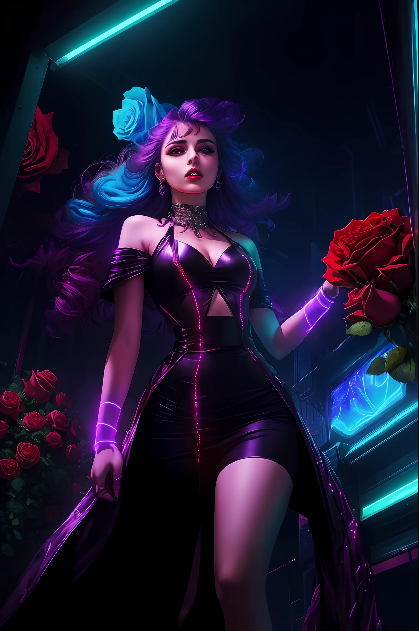 purple & red colours, various stunning woman, roses, magnificent jewellery(masterpiece, top quality, best quality, official art, beautiful and aesthetic:1.2),neon lighting, (vibrant glow:1.2), dynamic colors, striking contrast, futuristic vibe, electric energy,reflective surfaces