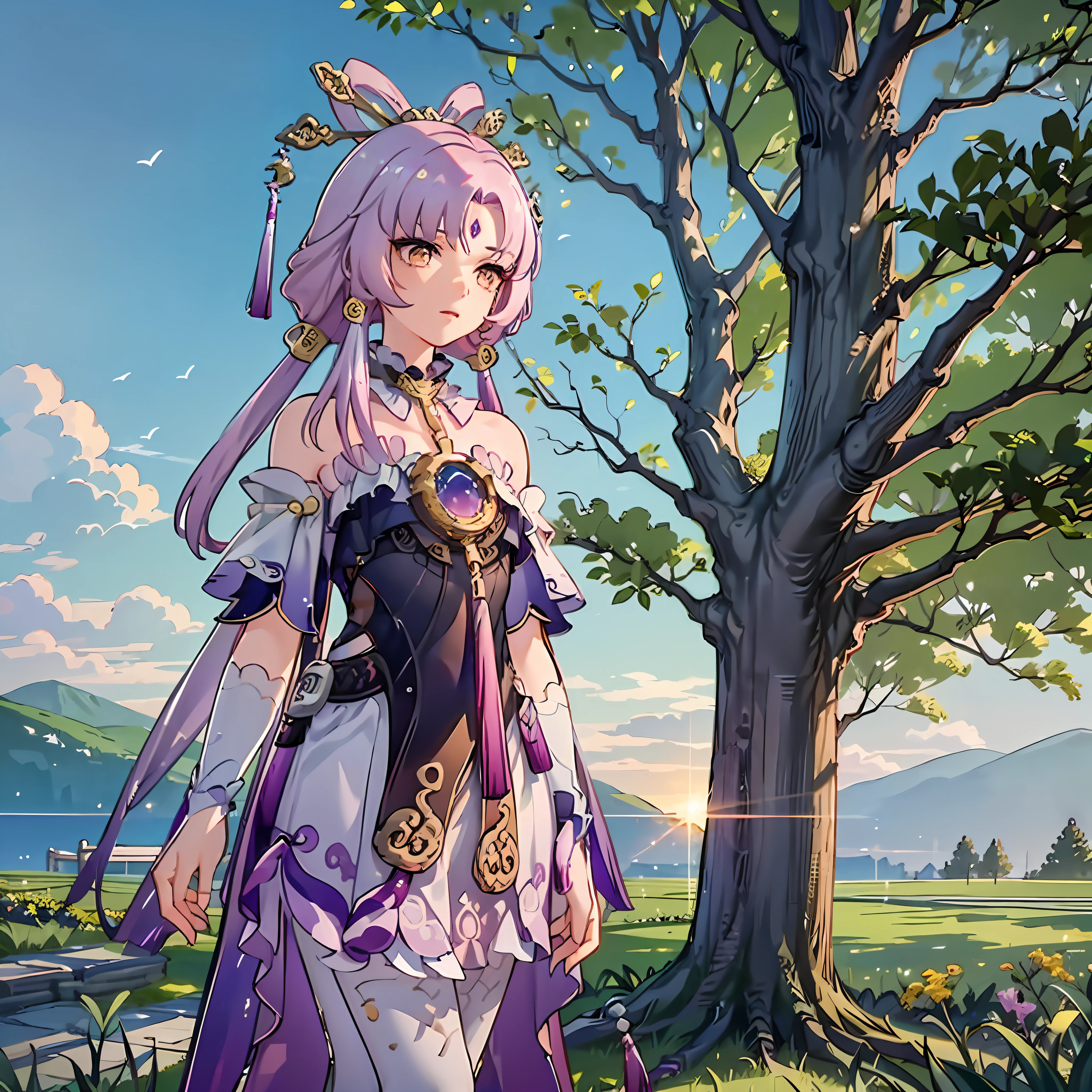 A girl standing on a flower field looking up,, delicate background, distant mountains, trees BREAK production art, (warm light source: 1.2), intricate details, volumetric lighting BREAK (masterpiece: 1.2), (best quality), 4k, super detailed, rich in detail, (luminous, atmospheric lighting), (solo: 1.2), especially many details, delicate hair, messy hair, smile, sunset, hanfu, short skirt,