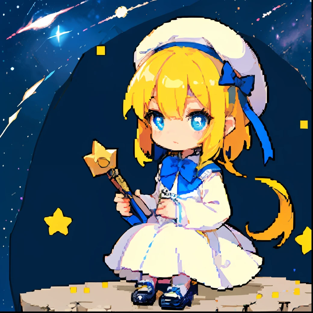 Yellow hair, white dress, blue eyes, star pupils, blue bow tie, crystal shoes, beret (with blue bow on top), sitting on the moon, starry sky background, shooting star, 4K