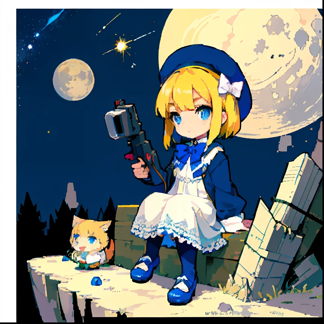 Yellow hair, white dress, blue eyes, star pupils, blue bow tie, crystal shoes, beret (with blue bow on top), sitting on the moon, starry sky background, shooting star, 4K