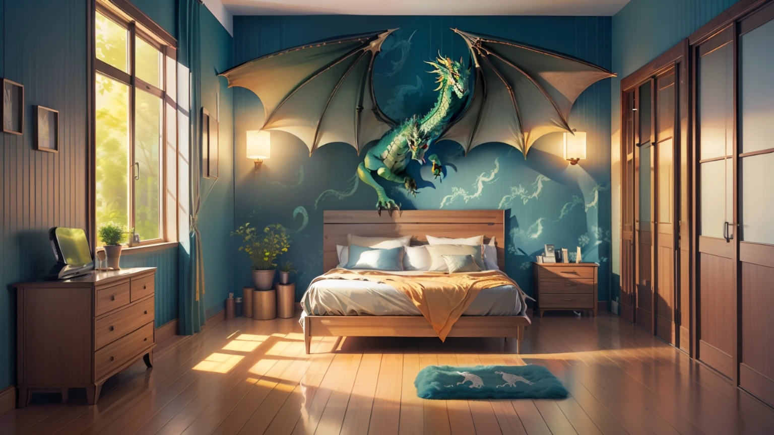 bedroom, bed, mat, tv, dragon wallpaper, wallpaper, glass door, masterpiece, best quality, (extremely detailed CG unity 8k wallpaper), (best quality), (best illustration), (best shadow)