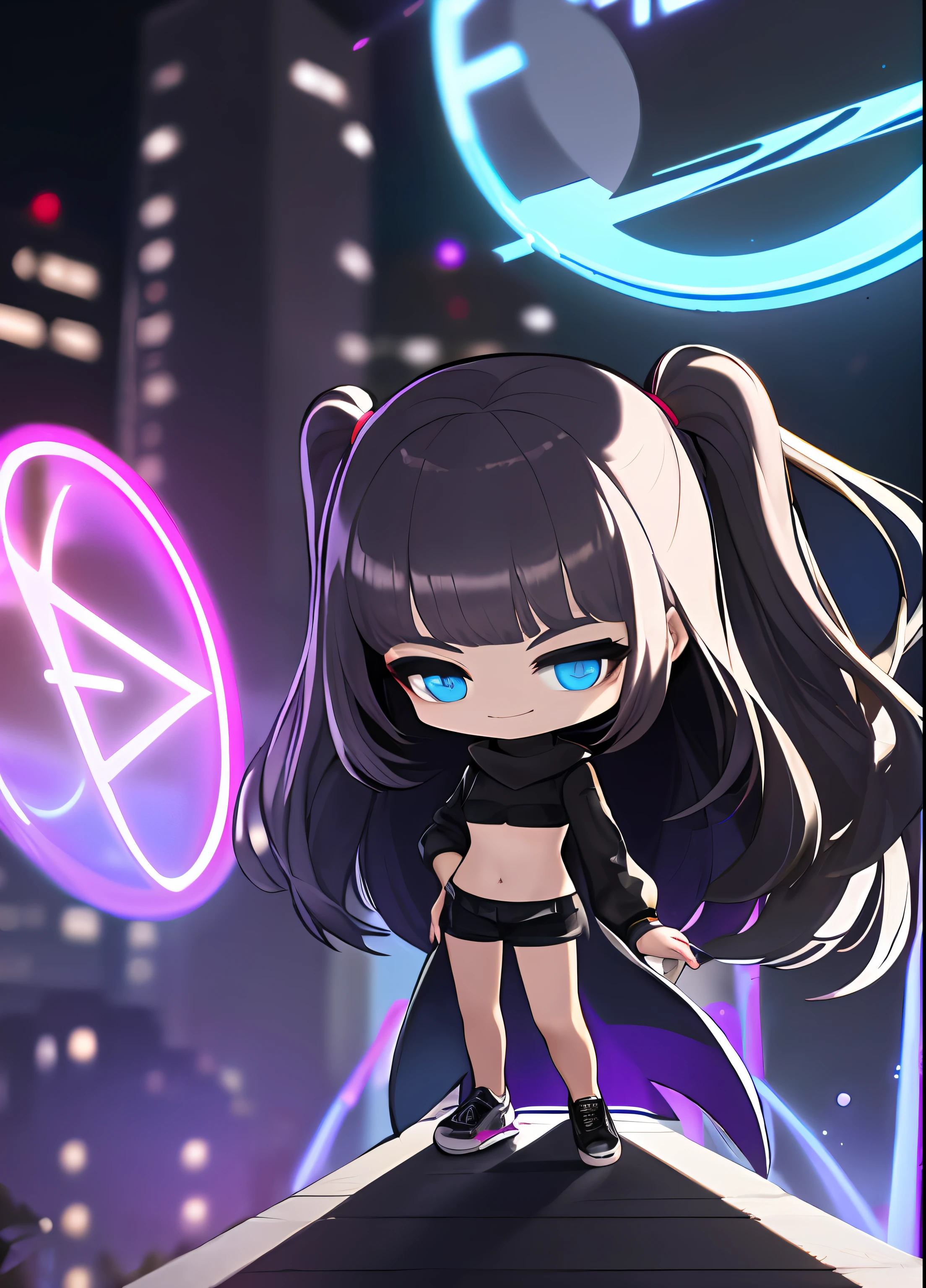 chibi,8k, 4k,nsfw,1girl, dark purple hair, two sideup long hair, bangs, blue eyes, black short pants, purple neon effect, front hair, loose clothes, upper black bra with white long sleeve crop shirts[white and black:1.1], cyberpunk, full body, hero pose, colorful lighting city background, sci-fi, chibi, black sneakers, windy, navel, pink glowing light magic effect around left hand, little smiling, tricky badass stylized, side standing on balustrade