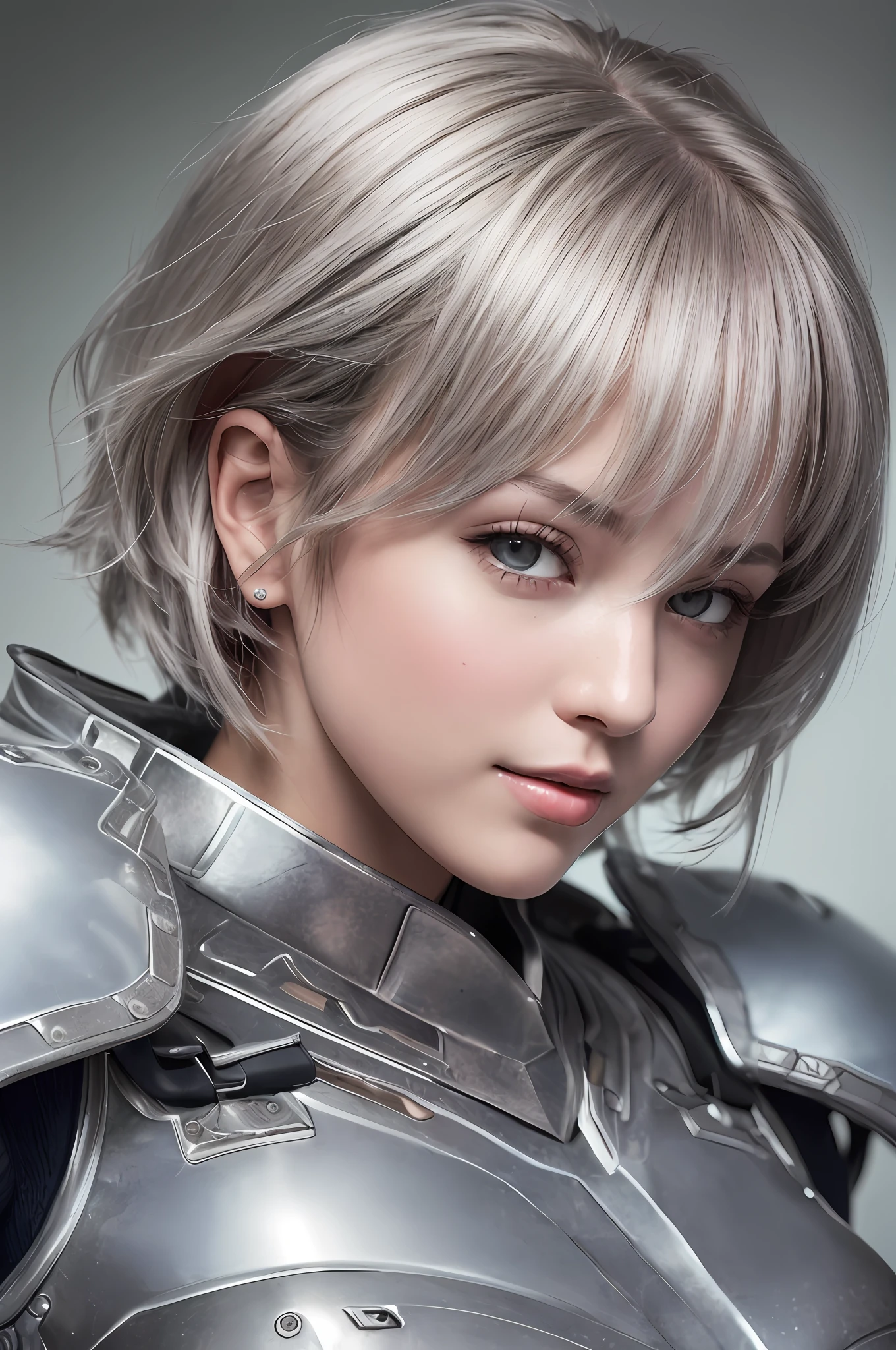 (8k, photorealistic, RAW photo, top quality: 1.4), (1girl), super beautiful girl warrior, (realistic face), (boyish, silver color berry short hair), red armor suit, seduce viewer, beautiful expression, beautiful breasts, (realistic skin), beautiful smile, (soldier), charming, ultra high definition, ultra realistic, high definition, spoiled
