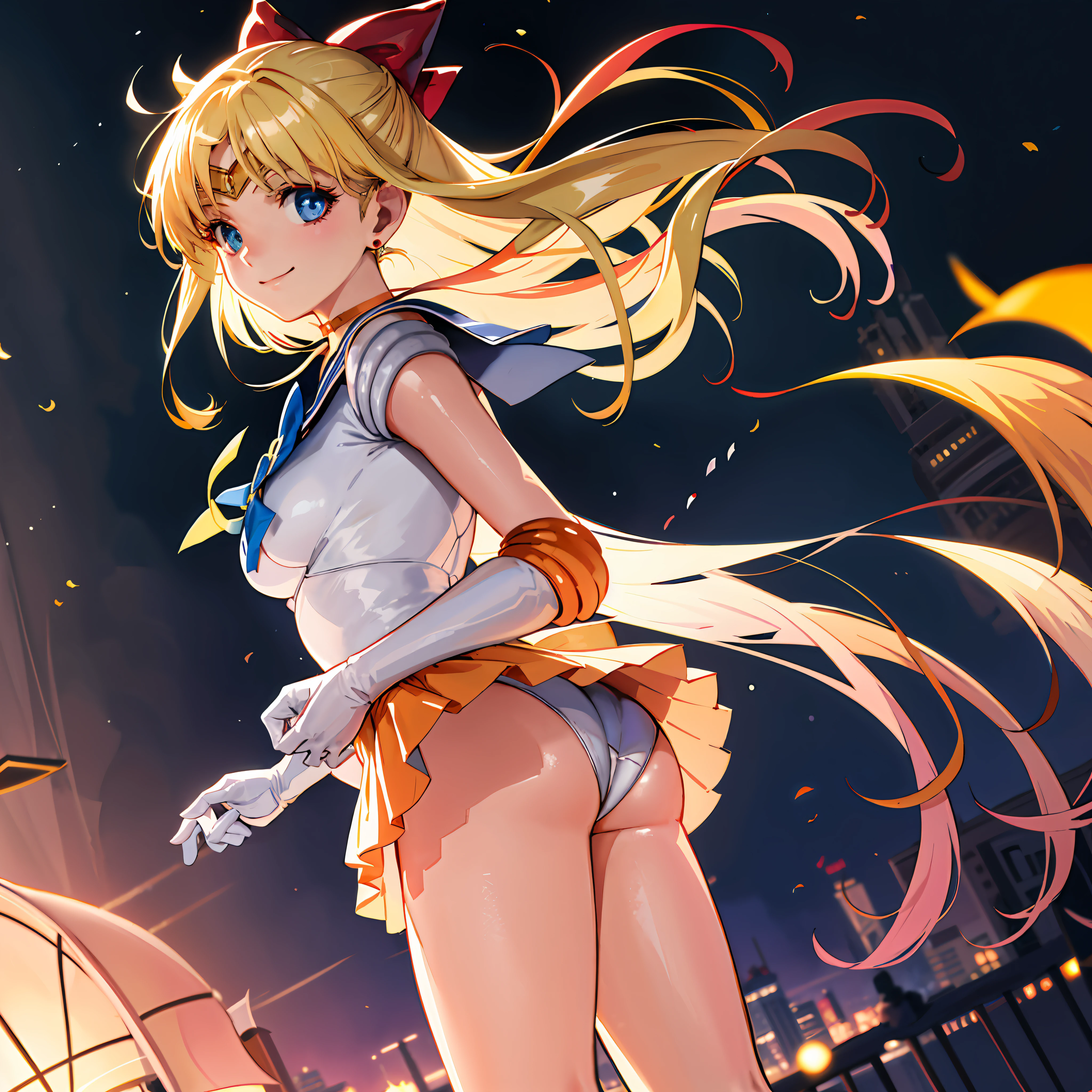 masterpiece, best quality, highres, sv1, sailor senshi uniform, medium breast, orange skirt, elbow gloves, tiara, orange sailor collar, red bow, orange choker, white gloves, jewelry,smile, brush, from below, skirt lift, standing, looking back, white leotard, milf, ornate fabric, leather texture, dramatic lighting, cinematic shot, atmospheric, depth of field, comic style, watercolor style, floating hair, wind, wind lift, shiny hair, bedroom