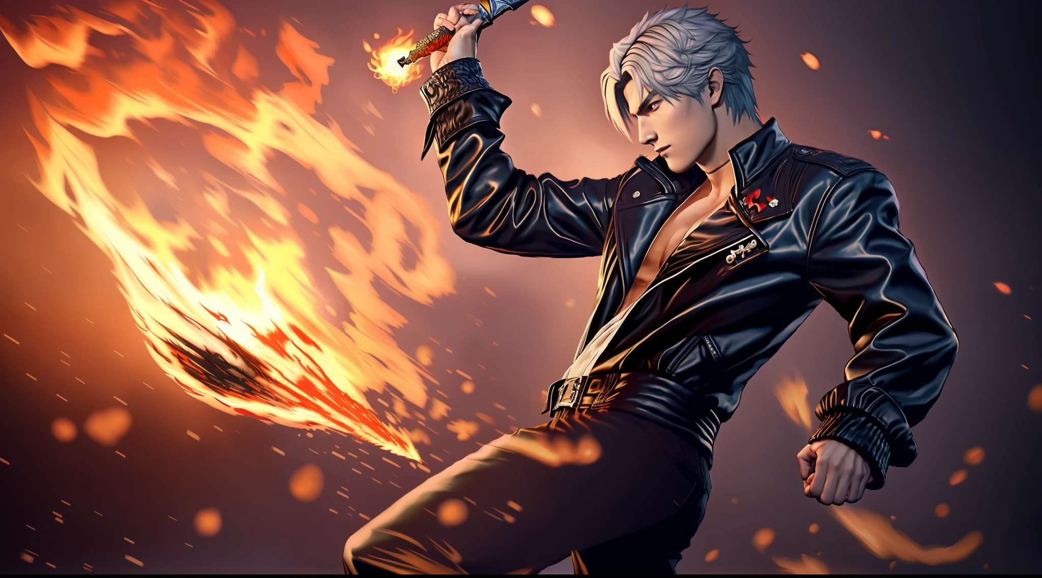 a man in a leather jacket holding a fire ball, character from king of fighters, son of sparda, king of fighters style, as a character in tekken, fighting game character, badass pose, league of legends character, thancred waters in style of wlop, splash art, iconic character splash art, by Yang J, devil may cry, hd wallpaper
