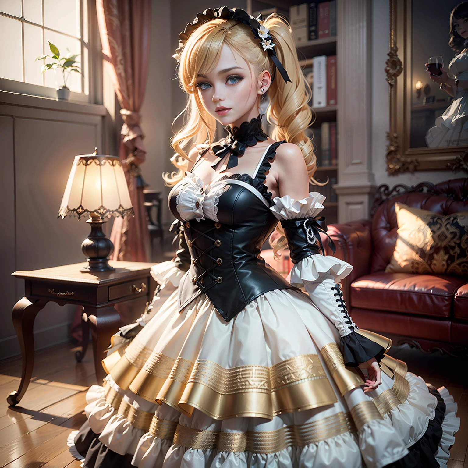 (Best Quality)), ((Masterpiece)), (Details: 1.4), 3D, (Image of a beautiful British girl in a gorgeous dress with frills), Beautiful delicate blonde hair twin tails, smile, Lolita fashion, parasol, blue eyes, white skin, countless flying bee swarms, HDR, ray tracing, NVIDIA RTX, Super Resolution, Unreal 5, Subsurface Scattering, PBR Texturing, Post-Processing, Anisotropic Filtering, Depth of Field, Maximum Clarity and Sharpness, Multi-Layer Textures, Albedo and Specular Maps, Surface Shading, Accurate Simulation of Light-Material Interactions, Slender and Perfect Proportions, Sharp Eyeliner, (Full body)), Sharp Focus, Octane rendering, Two-tone lighting, Wide aperture, Low ISO, White balance, Rule of thirds, 8K RAW, Circuit board AI, 4k, fog, antique style luxury mansion indoor background