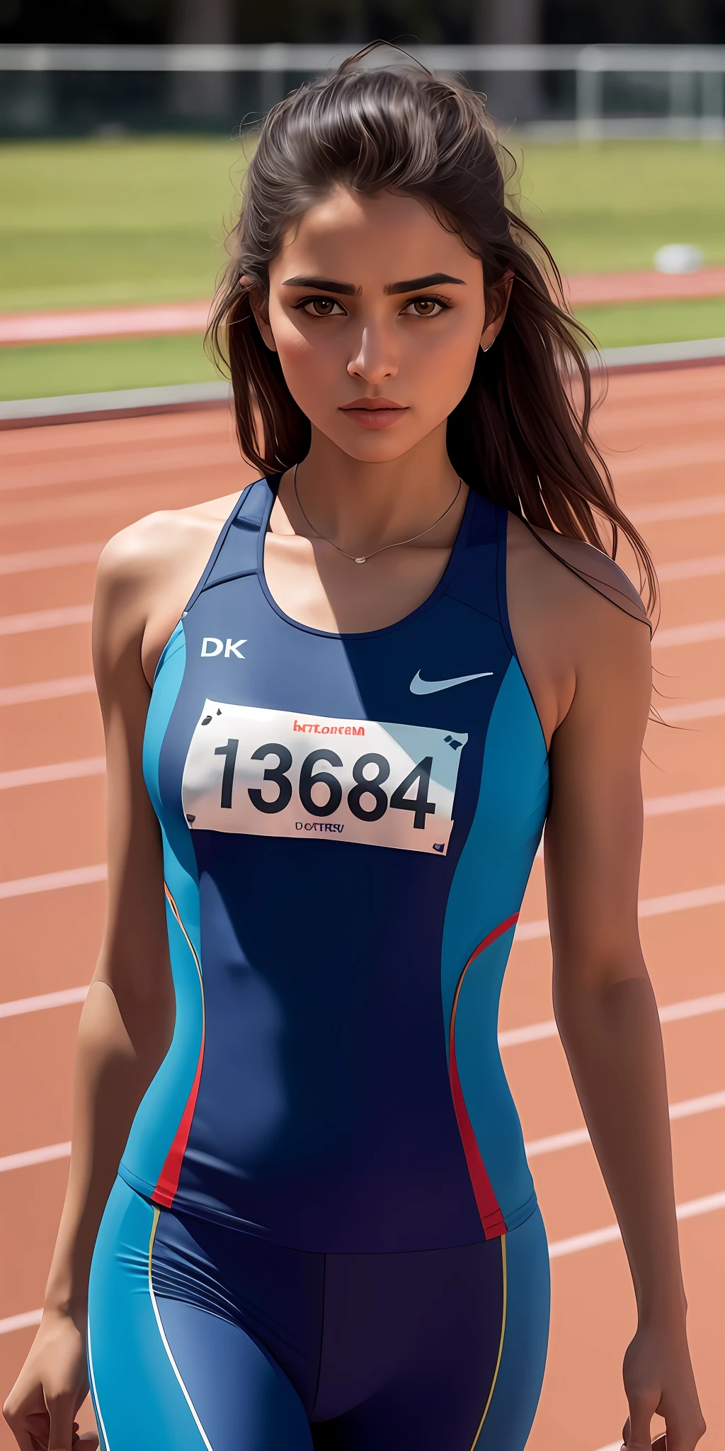 beautiful mature Iraqi middle eastern college girl, in track outfit, outside on track field, ((slim, petite)), photorealistic, photo, masterpiece, realistic, realism, photorealism, high contrast, photorealistic digital art trending on Artstation 8k HD high definition detailed realistic, detailed, skin texture, hyper detailed, realistic skin texture, armature, best quality, ultra high res, (photorealistic:1.4),, high resolution, detailed, raw photo, sharp re, by lee jeffries nikon d850 film stock photograph 4 kodak portra 400 camera f1.6 lens rich colors hyper realistic lifelike texture dramatic lighting unrealengine trending on artstation cinestill 800,