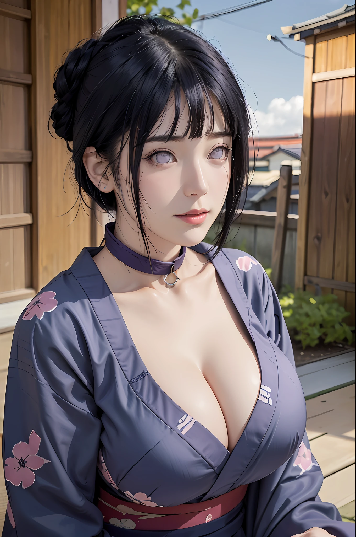 masterpiece, hinata\(boruto\), 1girl, solo, mature female, ((purple sexy kimono)), (japanese home background), outdoors, looking into the distance, cloudy sky, (shy face), detailed lips, japanese village, beautiful face, blush, (pink lips), ((short hair)), purple eyes, soft gaze, smile, super realistic, detailed, realistic face and body, realistic hair, realistic eyes, realistic nose, realistic lips, seductive, straight bangs, ((slave collar)), (((dark blue hair))), 28 years old girl, (huge breast:1.5), perfect boobs, (plump boobs), long legs --s2