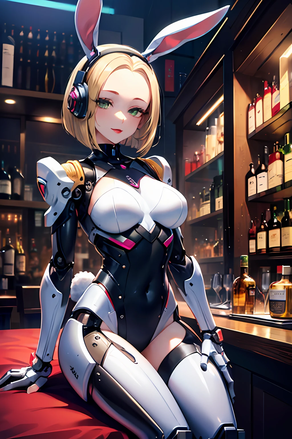 Top quality, masterpiece, fine detail, super detailed, accurate depiction, highly detailed 8k wallpaper, beautiful mechanical woman, solo, (half closed eyes, green eyes), seductive smile, (sexy mechanical woman: 1.3), five perfect fingers, (white exoskeleton suit: 1.1), (mechanical joints, echanical arms, mechanical legs: 1.4), (exposed shoulders, exposed armpits, exposed thighs), (long eyelashes, red lips), rabbit ears, rabbit tail, headphone, (blonde hair, one length, bob cut), (forehead:1.3), cyberpunk, (bar), counter, wine, whiskey, bourbon,