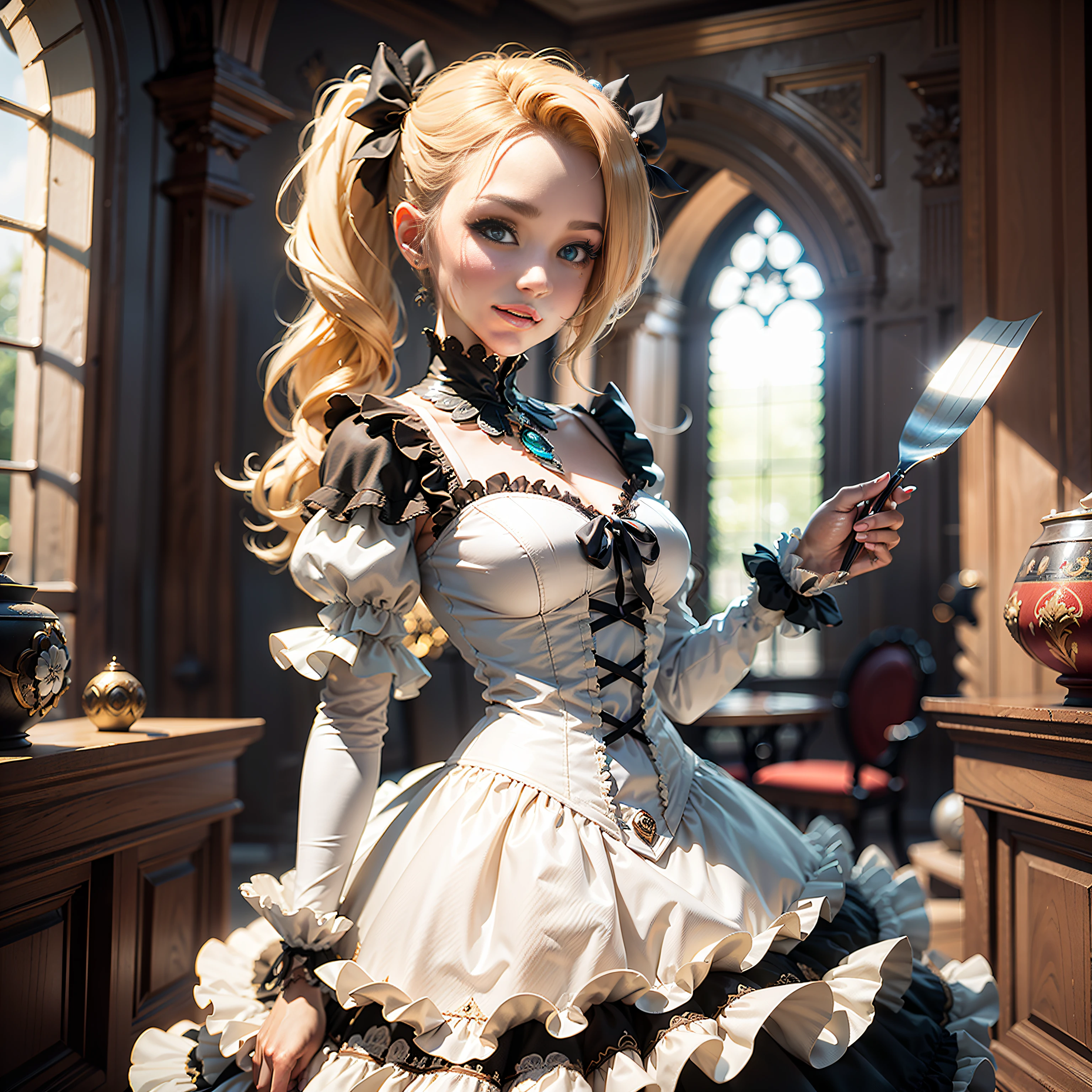 (Best Quality)), ((Masterpiece)), (Details: 1.4), 3D, (Image of a beautiful British girl in a gorgeous dress with frills), Beautiful delicate blonde hair twin tails, smile, ta fashion, parasol, blue eyes, white skin, countless flying bee swarms, HDR, ray tracing, NVIDIA RTX, Super Resolution, Unreal 5, Subsurface Scattering, PBR Texturing, Post-Processing, Anisotropic Filtering, Depth of Field, Maximum Clarity and Sharpness, Multi-Layer Textures, Albedo and Specular Maps, Surface Shading, Accurate Simulation of Light-Material Interactions, Slender and Perfect Proportions, Sharp Eyeliner, (Full body)), Sharp Focus, Octane rendering, Two-tone lighting, Wide aperture, Low ISO, White balance, Rule of thirds, 8K RAW, Circuit board AI, 4k, fog, antique style luxury mansion indoor background