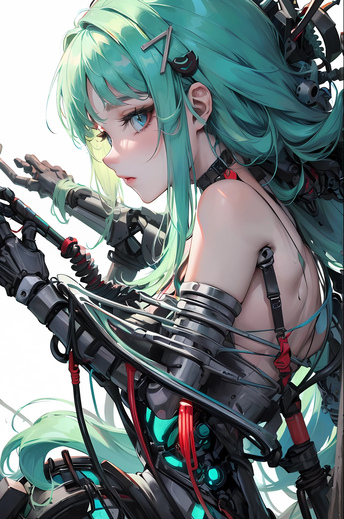 (Masterpiece, Top Quality, Best Quality, Official Art, Beautiful Indulgence: 1.2), (1 Girl: 1.3), Very Detailed, Colorful, Supreme Detail ((Ultra Detailed)), (Highly Detailed CG Illustration), (Very Delicate and Beautiful)), (From the Side), Cinematic Light, (1 Machine Girl)), Solo, Full Body, (Mechanical Joints: 1.2), ((Mechanical limbs)), (Blood vessels connected to tubes), ( Mechanical vertebrae attached to the back), ((Mechanical cervical vertebrae attached to the neck)), (sitting), expressionless, (wires and cables attached to the neck: 1.2), (Head wires and cables: 1.2) (Character focus), Science fiction, white background, (Blood: 1.5), Sharp Focus, (Beautiful gorgeous cute Korean woman: 1.3), ( Beautiful cute korean woman:1.3), Korean beauty, delicate and beautiful hair and eyes and face, realistic, super detailed, beautiful girl, glowing white particles, (sidelight:1.2), big, long straight hair, sexy look, dynamic hair, detailed platinum mint green hair, shining blue eyes, wolf hair