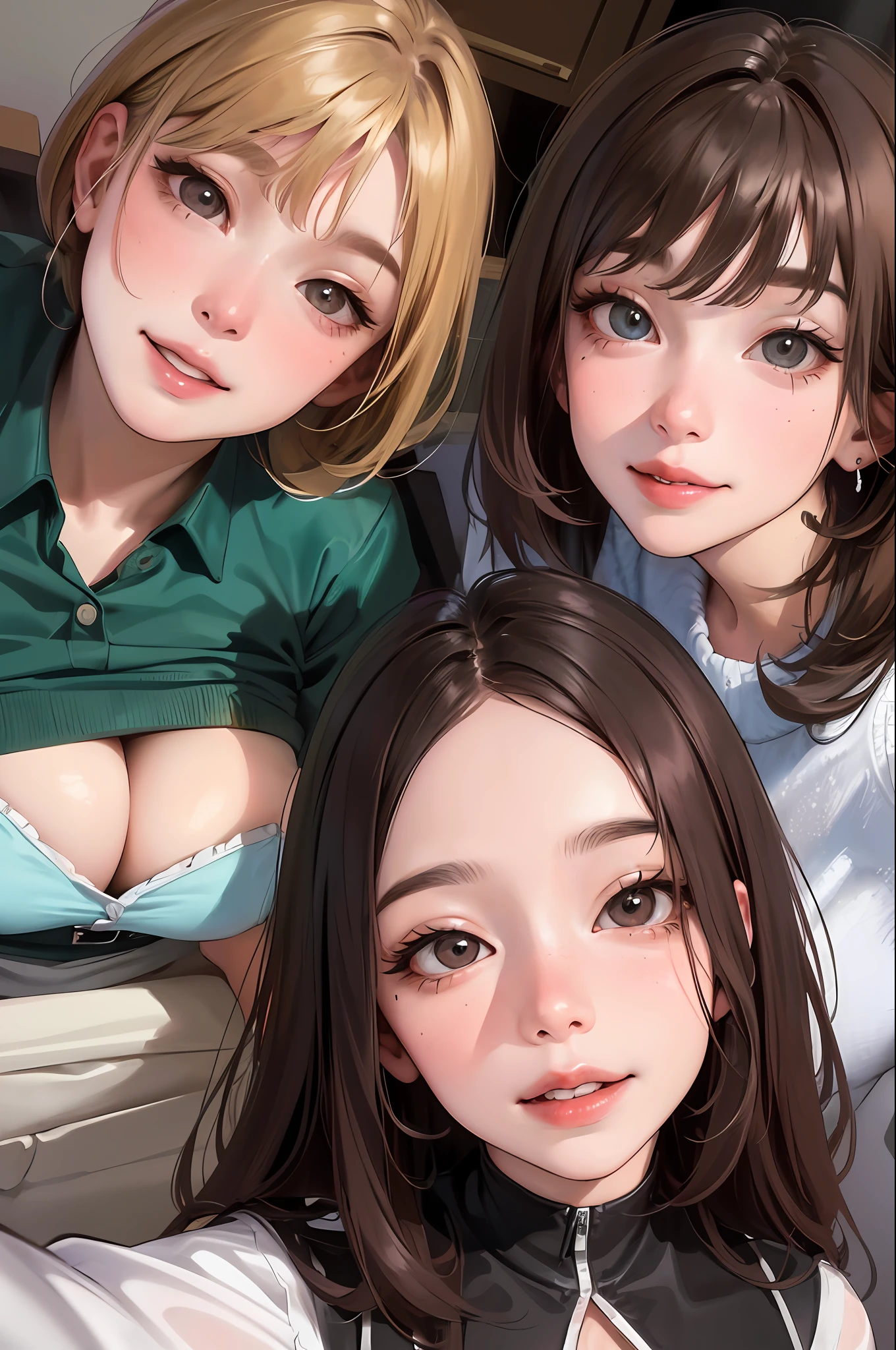 Realistic, 2 girls, selfie, face sitting on extra large zoom bed, face enhancement, smile, looking up, looking here, cleavage emphasis