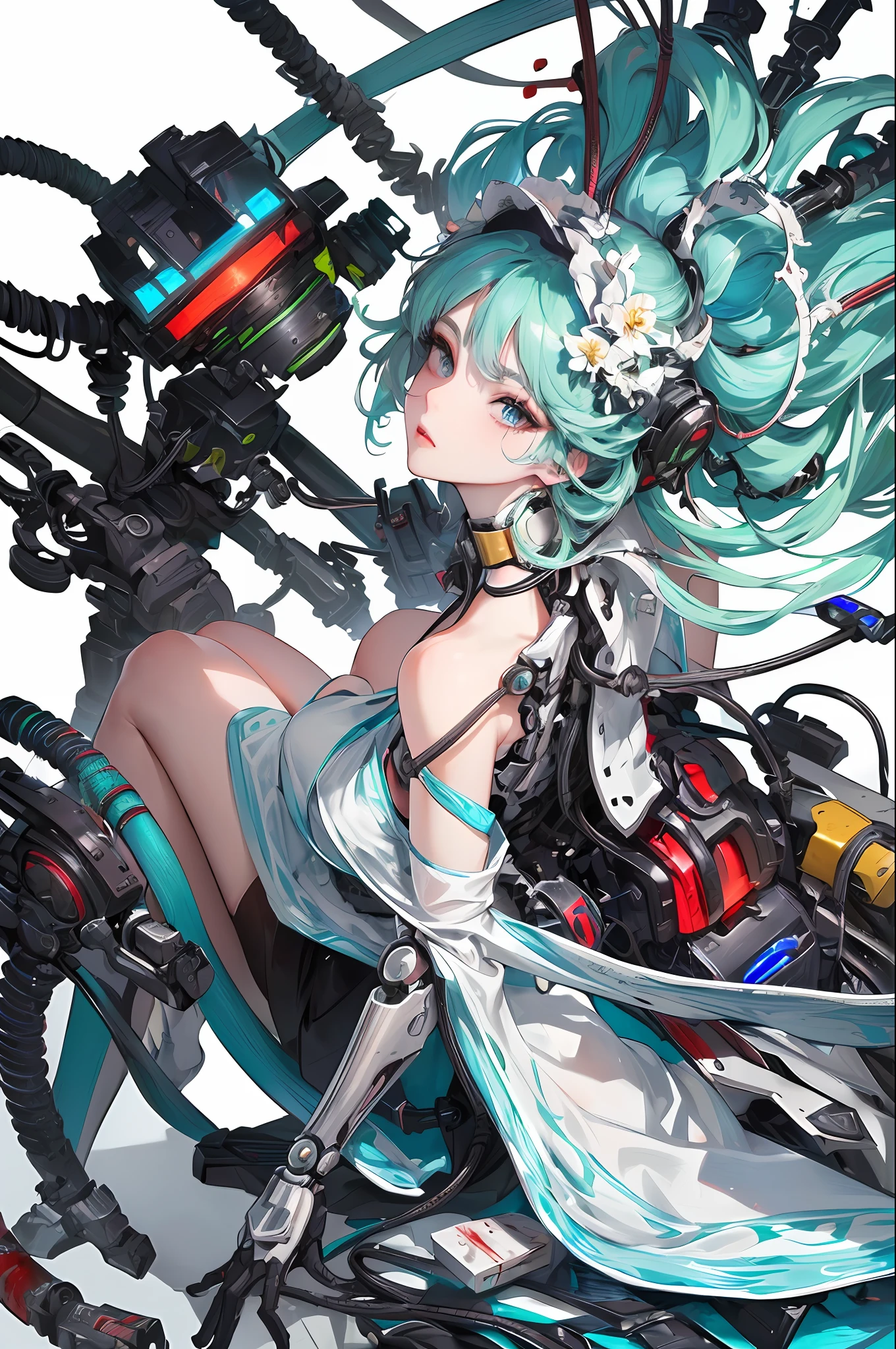 (Masterpiece, Top Quality, Best Quality, Official Art, Beautiful Indulgence: 1.2), (1 Girl: 1.3), Very Detailed, Colorful, Supreme Detail ((Ultra Detailed)), (Highly Detailed CG Illustration), (Very Delicate and Beautiful)), (From the Side), Cinematic Light, (1 Machine Girl)), Solo, Full Body, (Mechanical Joints: 1.2), ((Mechanical limbs)), (Blood vessels connected to tubes), ( Mechanical vertebrae attached to the back), ((Mechanical cervical vertebrae attached to the neck)), (sitting), expressionless, (wires and cables attached to the neck: 1.2), (Head wires and cables: 1.2) (Character focus), Science fiction, white background, (Blood: 1.5), Sharp Focus, (Beautiful gorgeous cute Korean woman: 1.3), ( Beautiful cute korean woman:1.3), Korean beauty, delicate and beautiful hair and eyes and face, realistic, super detailed, beautiful girl, glowing white particles, (sidelight:1.2), big, long straight hair, sexy look, dynamic hair, detailed platinum mint green hair, shining blue eyes, wolf hair