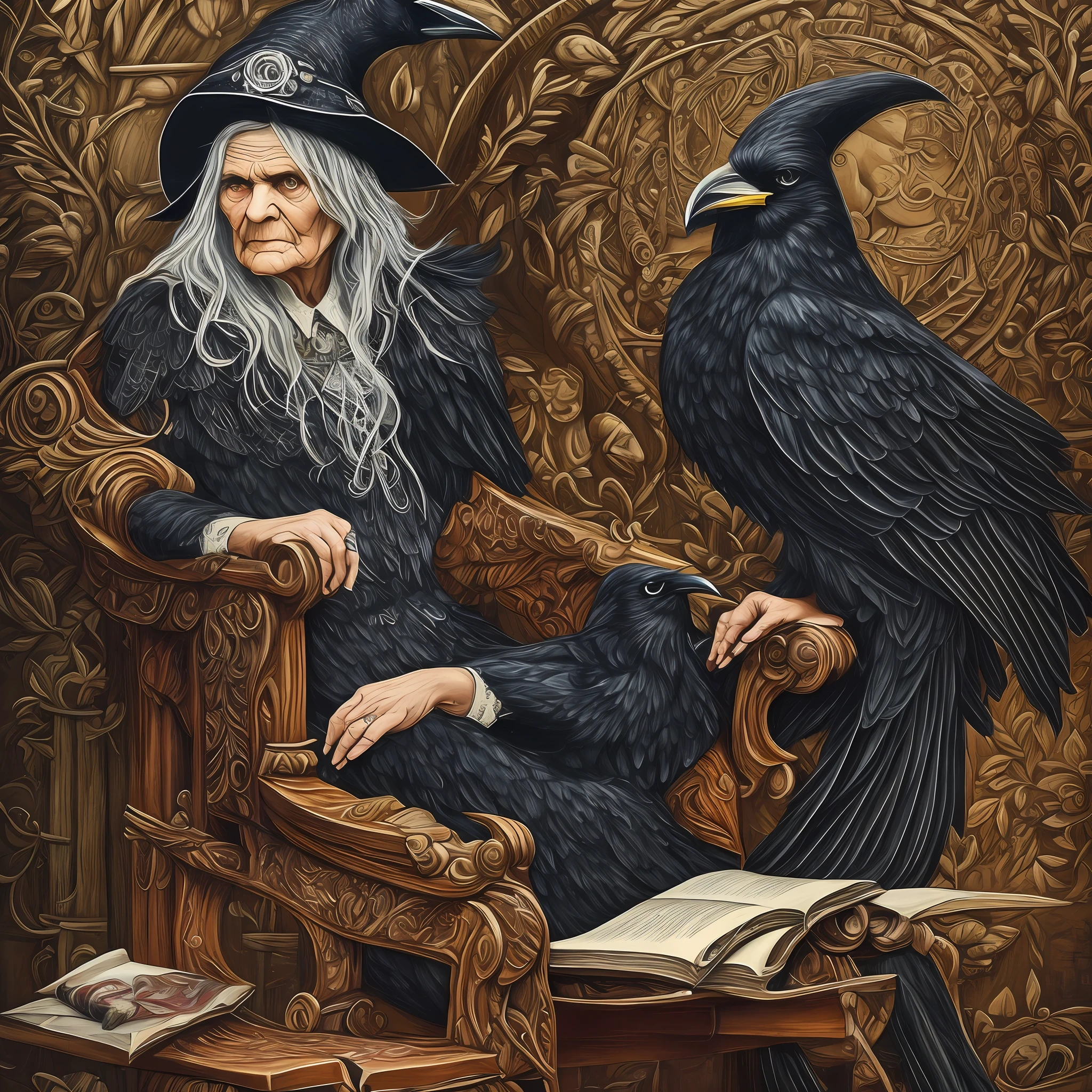 An ultra detailed painting of an old witch, alone, sitting in a chair and around her darkness her long silver hair with a black outfit full of symbols and sigils and in her hand has an ultra realistic sinister crow --auto