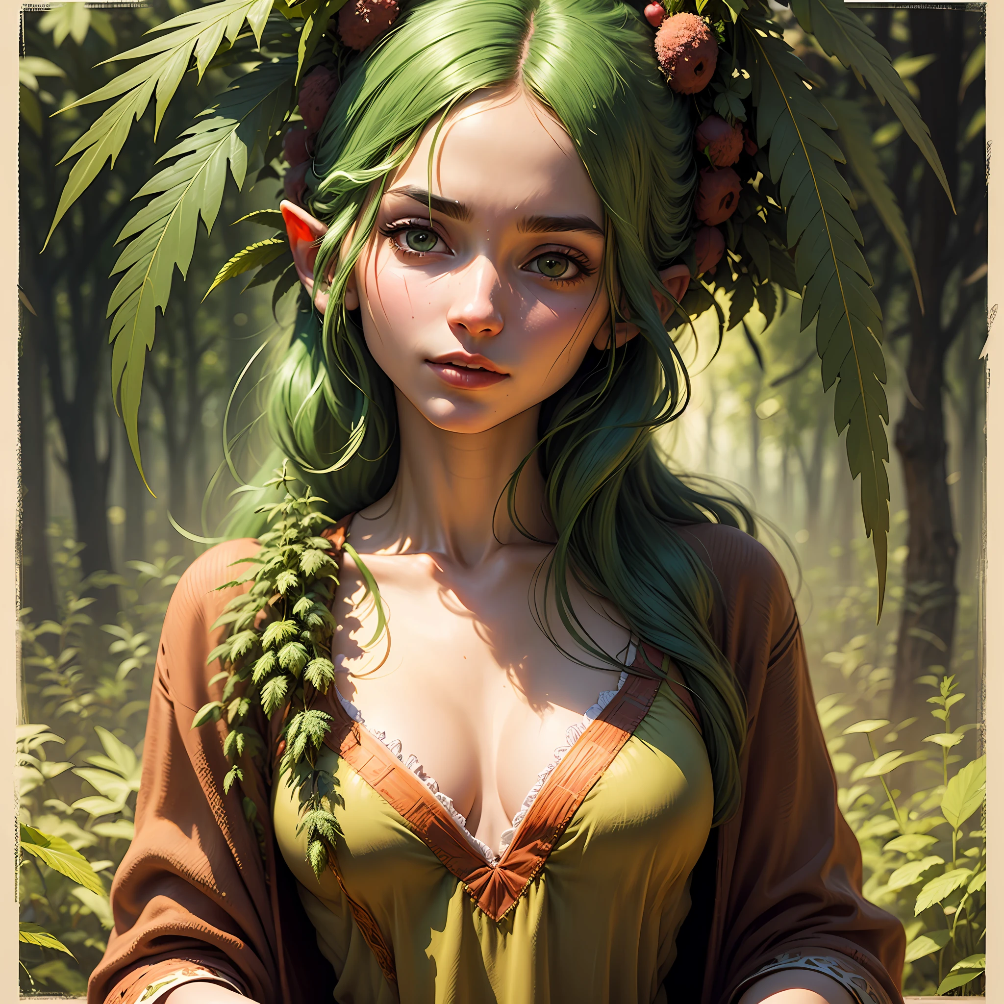 "A radiant masterpiece portrait of a hyperreal dryad with cannabis elements." --auto