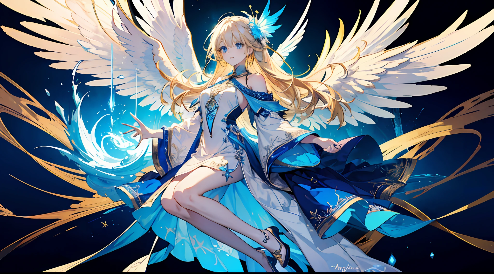 16k, a little girl, beautiful, otherworldly, elegant, blue eyes, full body, long blonde hair, simple dress, white and blue long dress, extreme details, golden streamer surrounding, angel descending, magic array, (three pairs of huge wings), masterpiece, concept art, hands open, facial details presented