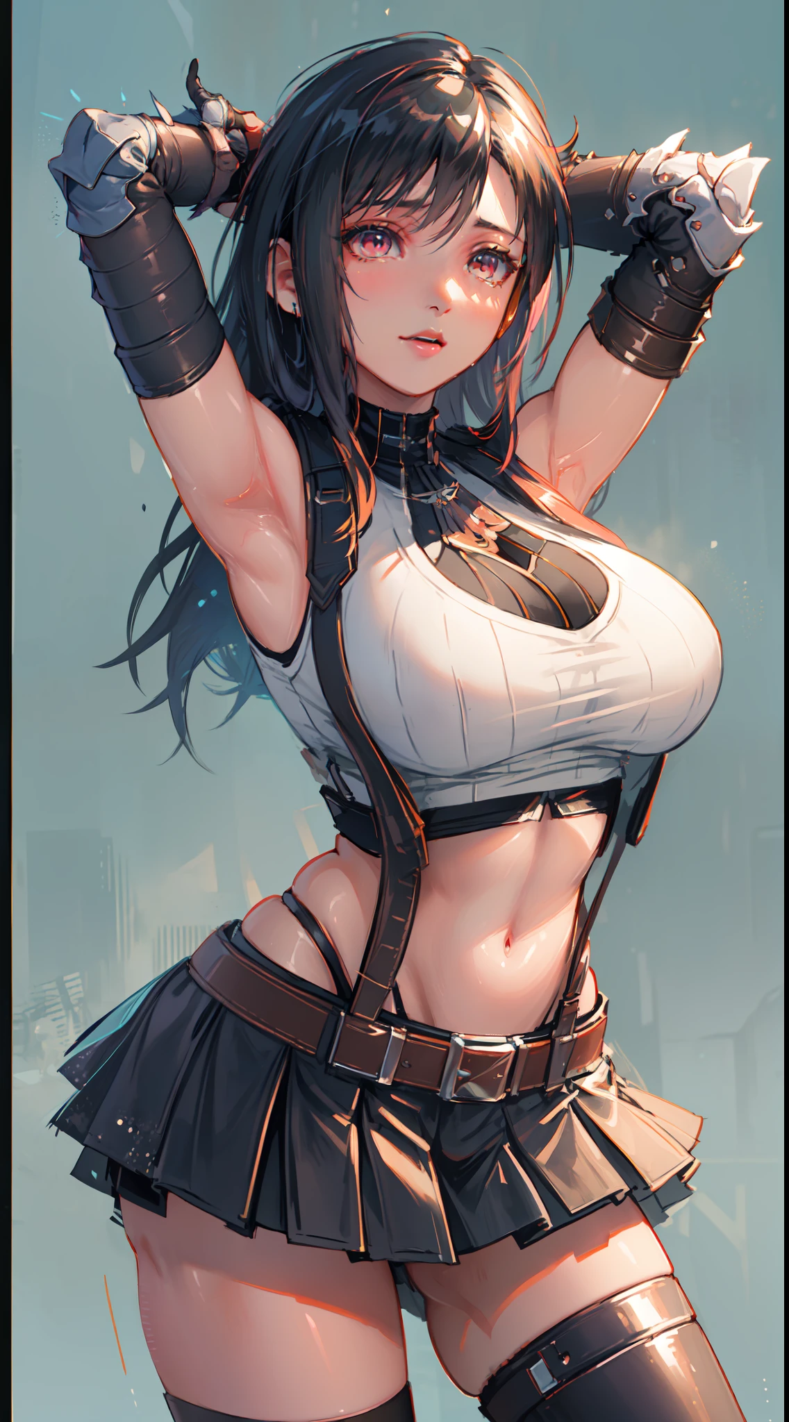 Unreal Engine 5 Realistic Render, (masterpiece, best quality), intricate details, (Best quality)), ((masterpiece)), ((realistic)), (hyperrealism:1.2), (fractal art:1.2), 
1girl, 7rtifa, crop top, arm guards, fingerless gloves, suspenders, pleated miniskirt, black thighhighs, red boots 
extreme detailed eyes, colorful, highest detailed, 
vibrant colors, high contrast,
(8K UHD:1.2), (photorealistic:1.2), beautiful face, top body is hyper realistic thicc muscle and hyper largest_breasts!! with the type of boobs_melons, lower is huge buttocks, wet shiny body