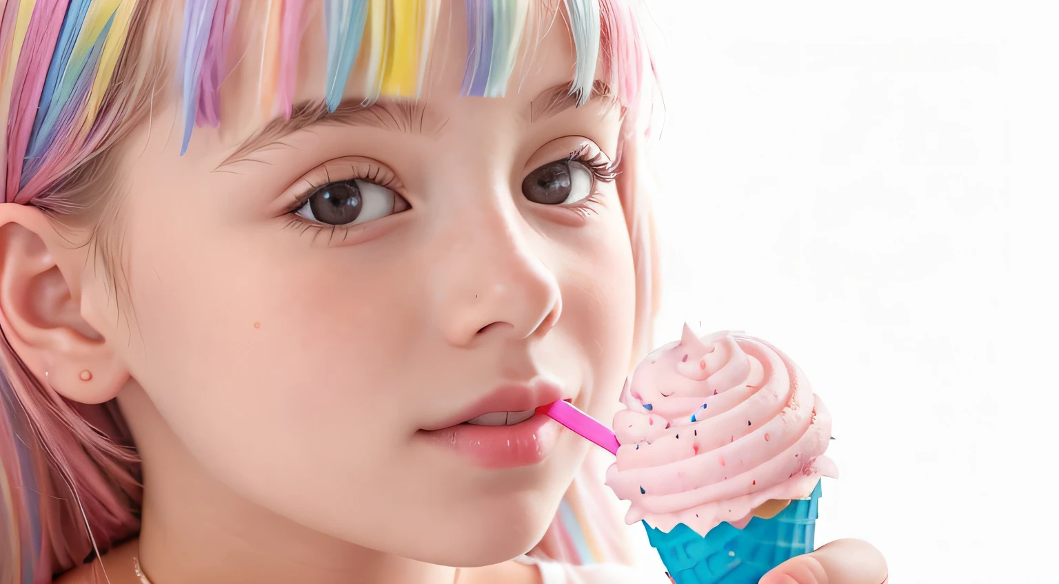 10-year-old Russian child girl, close up, PORTRAIT, with long blonde hair, a popsicle with a colorful layer of rainbow, ice cream, high-quality product photo, lollipop, slapstick, made of glazed and high-quality product image", pastel, made of lollipops, pastry candy, 3 4 5 3 1, gum, ice cream cone, ice cream on the side, product introduction photo, made of cotton candy